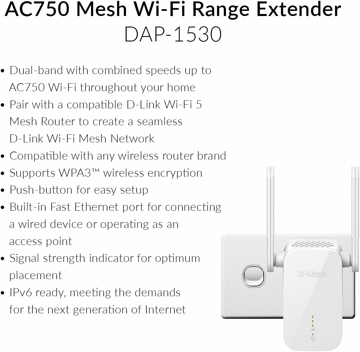 D-Link Australia AC750 Mesh Wi-Fi Range Extender (DAP-1530-AU), Access Point, Repeater, Fast Ethernet Port, WPA3, AU Plug, White image number 2