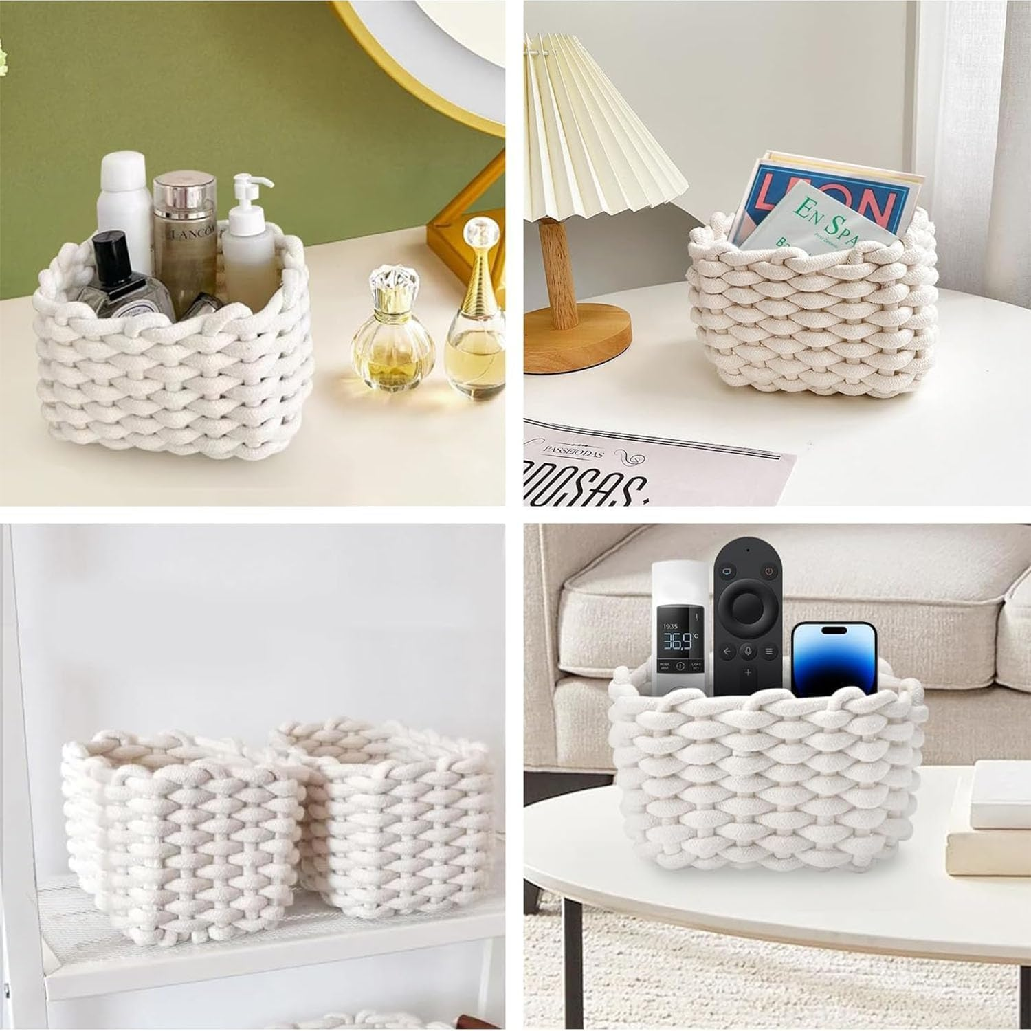 Small Natural Cotton Rope Woven Baskets for Organization,Ideal as Cat and Dog Toy Baskets, Bathroom Makeup, Toy, Sock Storage Bins(Off White,2) image number 2