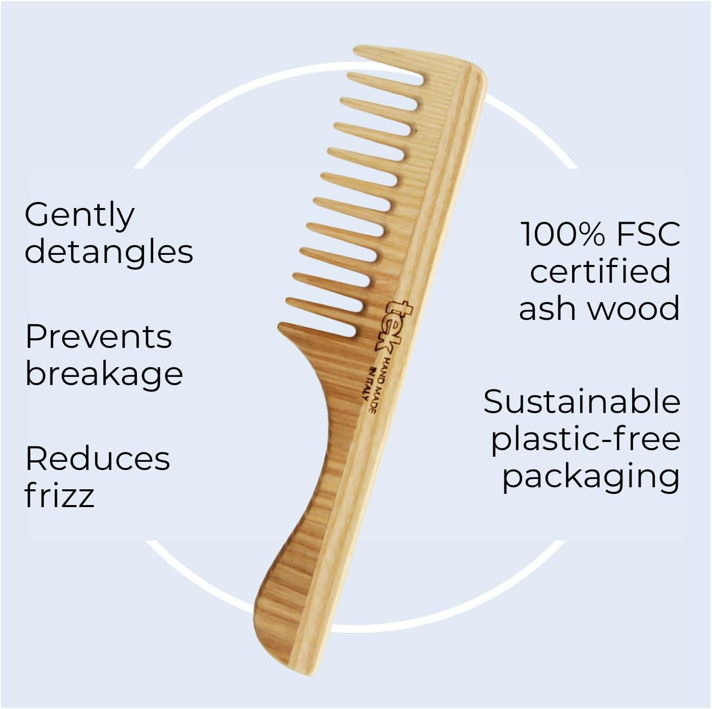 Wide Tooth Ash Wood Comb with Handle - Tek image number 6