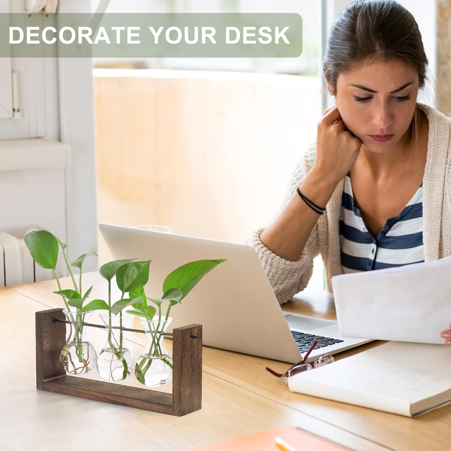 YIBOT Wall Hanging Planter Propagation Station,Plants Lover Gifts for Women, Plant Terrarium, Hydroponics Plants Home Office Living Room Wall Decor-3 Bulb Glass Vases image number 4