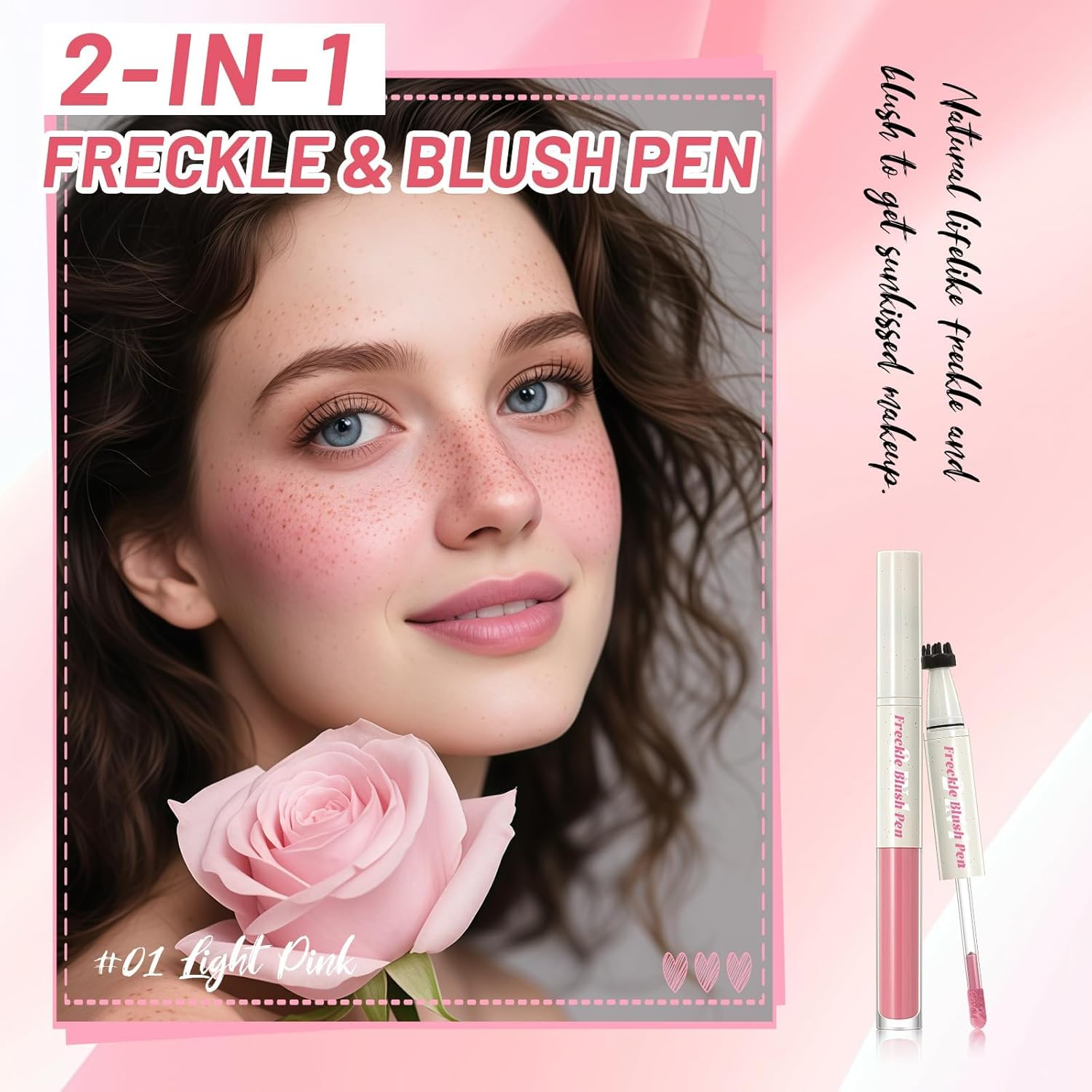 DAGEDA Blush Fake Freckle Pen,2 in 1 Faux Freckles Stamp & Liquid Blush,Natural Lifelike Make-Up Pen, Waterproof,Long-Lasting Matte Makeup,With Powder Puff(01 Light Pink) - Light Pink image number 3