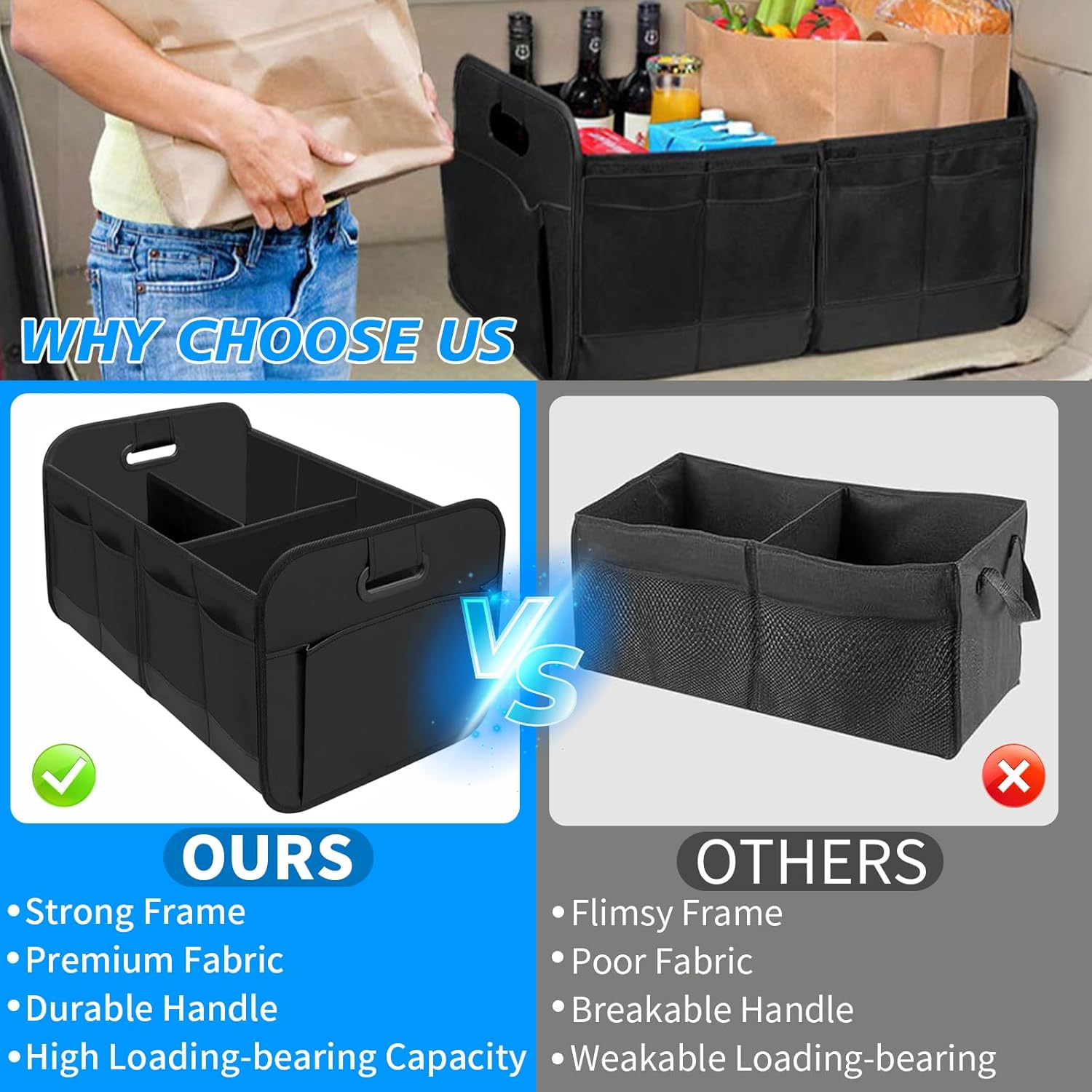 Car Trunk Organizer for SUV, RV & ORV, Super Capacity Collapsible Vehicle Boot Storage Bag with Adjustable Compartments, Reinforced Handles Design, Trunk Tidy Cargo Organizer for Storage (1PCS)