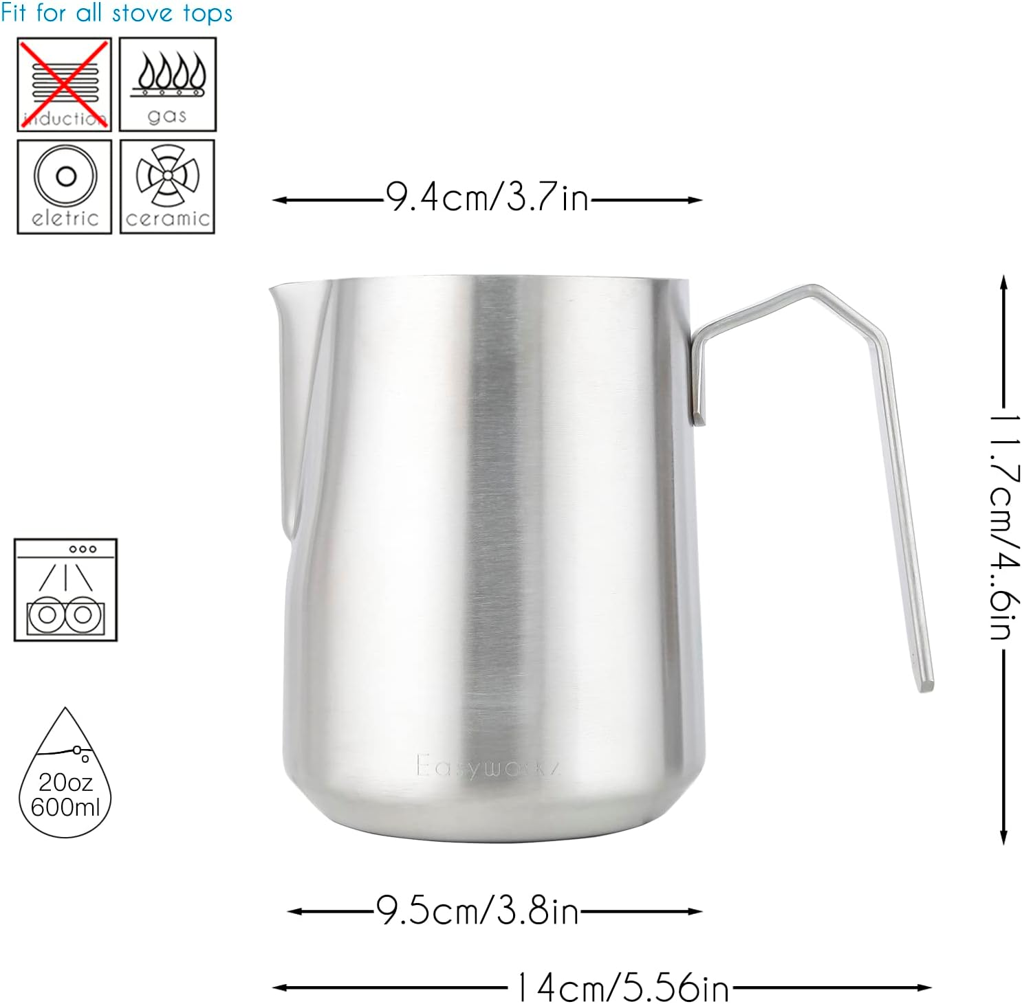 Easyworkz Espresso Steaming Pitcher Stainless Steel 600 Ml Coffee Frothing Picther Milk Jug Cappuccino Latte Art Cup, Brushed Silver