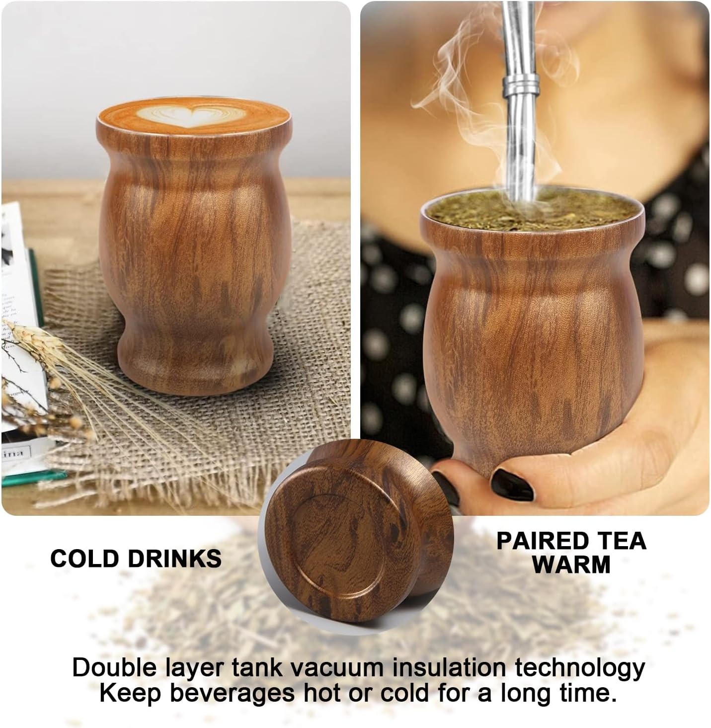 Yerba Mate Gourd Set, 8 Oz Stainless Steel Double Wall Yerba Mate Gourd Cup, Yerba Mate Tea Set for Mate Tea, Coffe, Drinks (Wood Color) image number 4