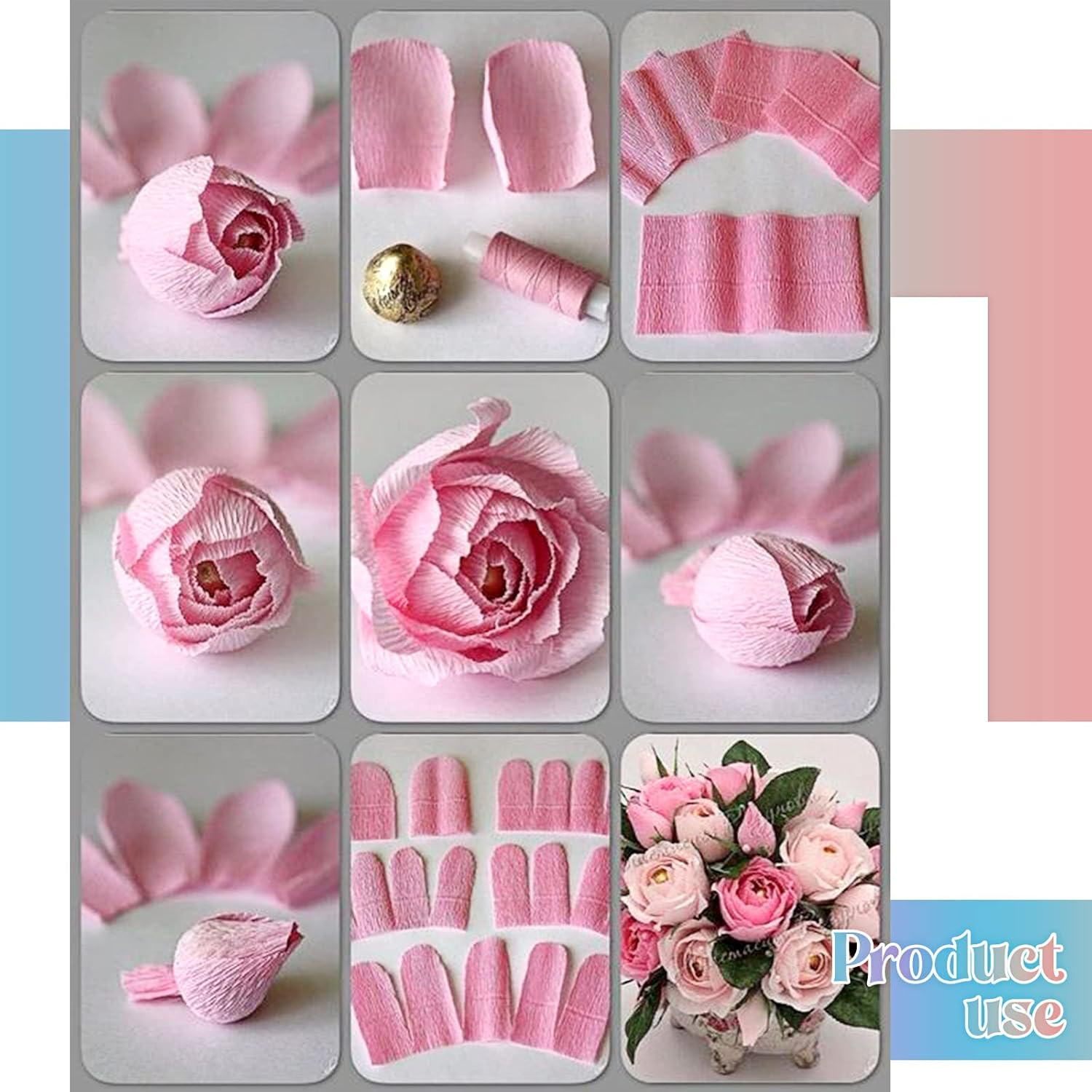 57 Pcs Crepe Paper Flower DIY Kits 6 Rolls 35G Crepe Paper Sheets 50 Pcs Floral Iron Wire 10 Inch X 8 Feet 1 Roll 50 Meter for Birthday Party Wedding(Pink Series, Green) image number 6