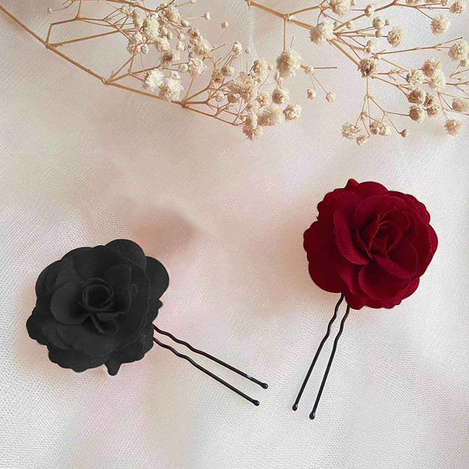 8 Pieces of Red Rose Flower Clips, Flower Hair Clips, Rose Hair Accessories, Wedding Rose Hair Clips, Handmade Rose Hair Clips, Suitable for Parties, Weddings, Dances (Burgundy + Black) image number 1