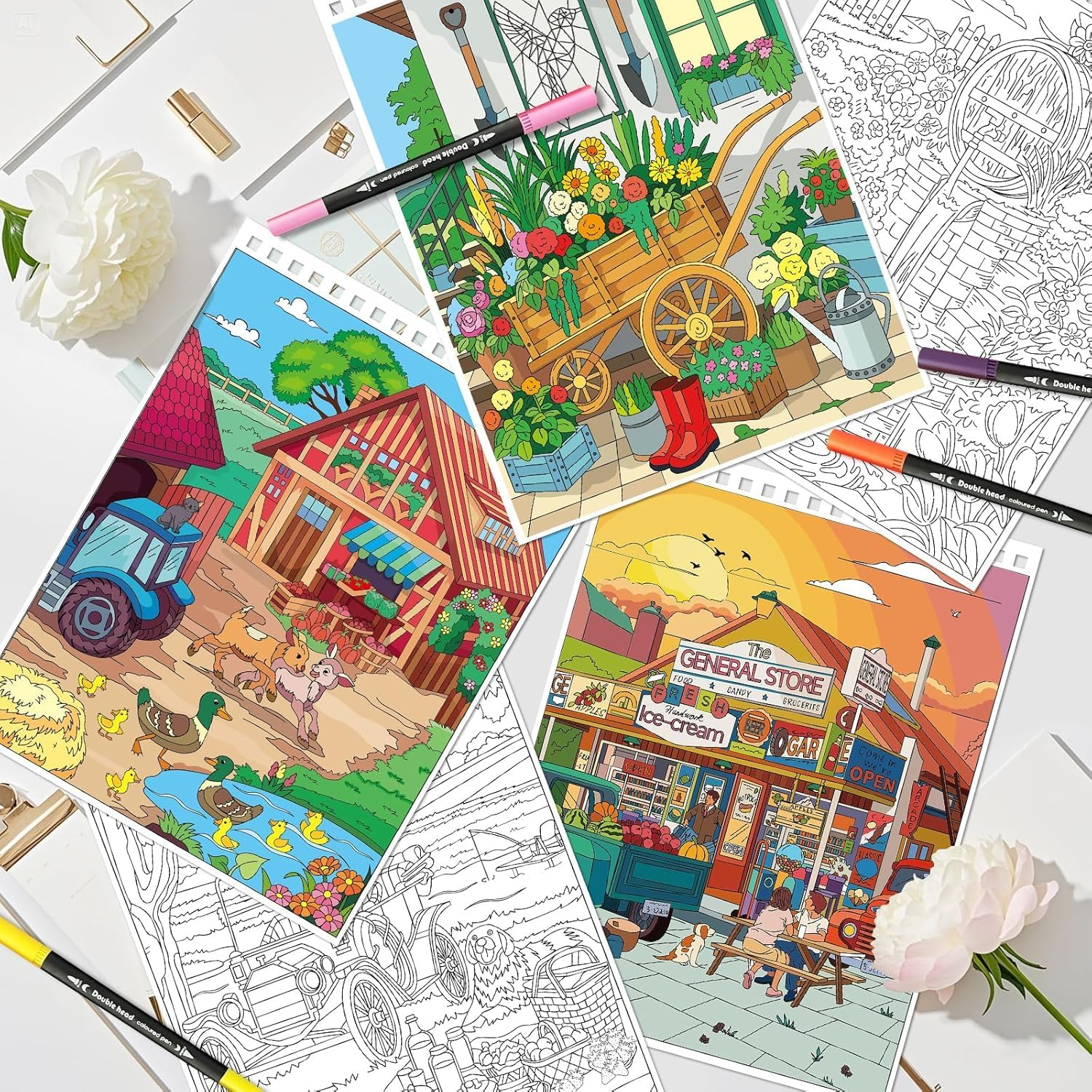 OSIMIG Adult Colouring Books Set, 3 Themes for Country Gardens, Country Scenes Farm & City Sights, Colouring Books for Adults to Relax and Relieve Anxiety, 60 Patterns Top Spiral Bound image number 6