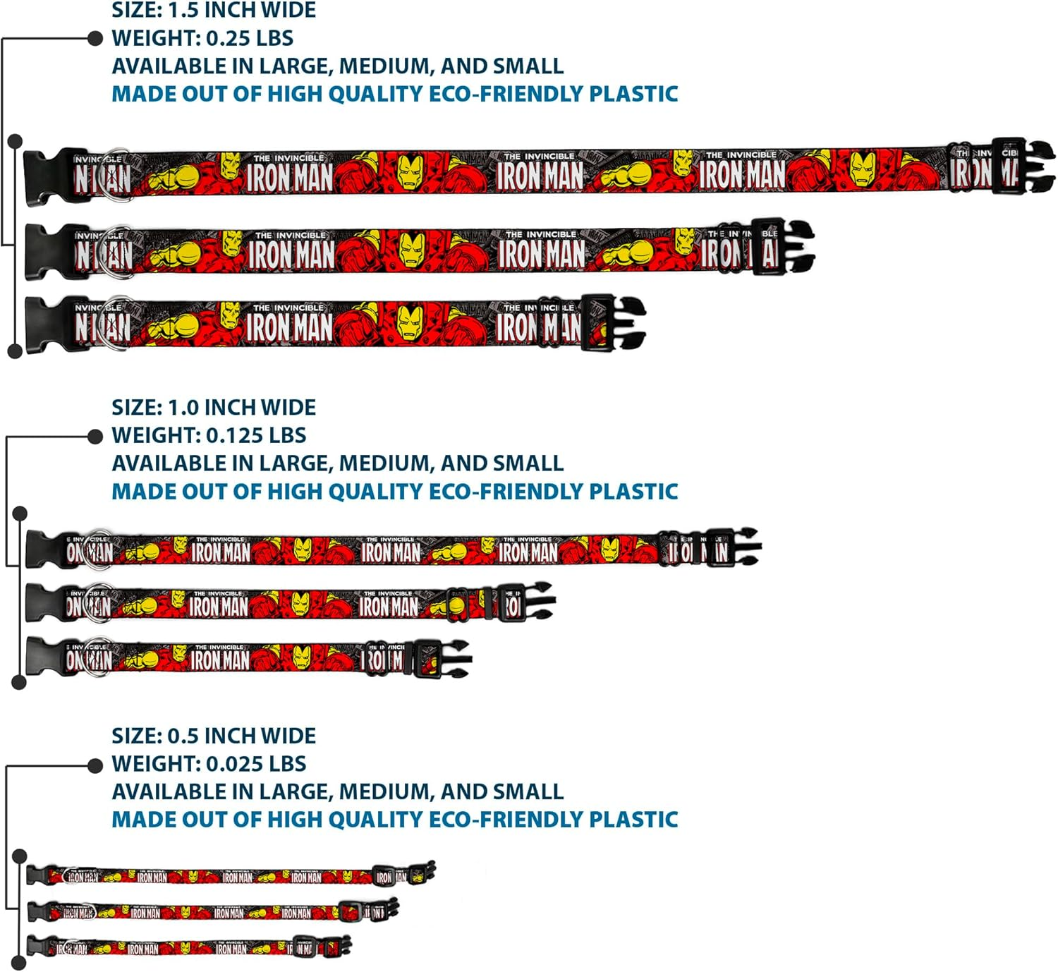 Dog Collar Plastic Clip the Invincible Iron Man Stacked Comic Books Action Poses 8 to 12 Inches 0.5 Inch Wide
