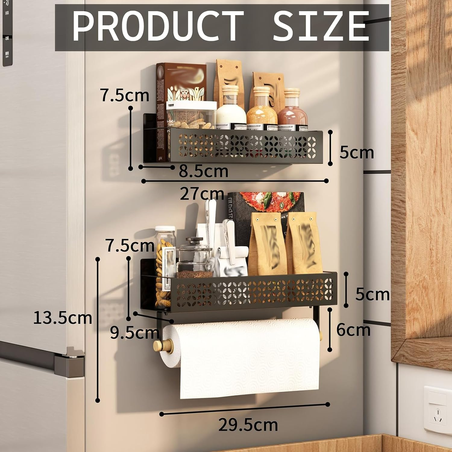 Janxin Spice Rack, Magnetic Spice Rack, No Drilling, Spice Rack, Kitchen Shelf No Drilling, with Paper Towel Holder, Suitable for Kitchen Organisation and Fridge (Black) image number 4