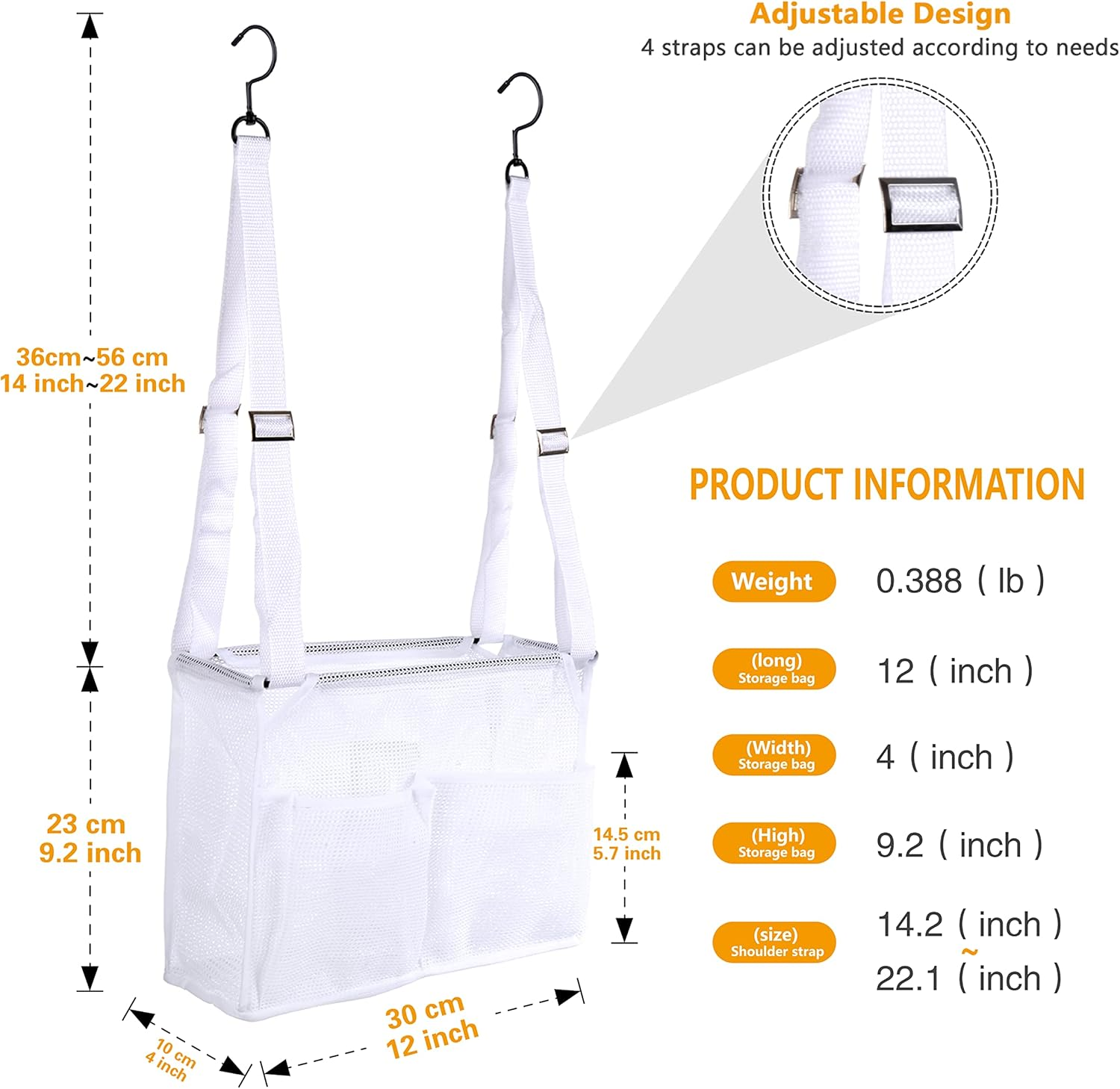 Hanging Mesh Shower Caddy College with Hooks, Bath Baskets Organizer Storage with 4 Pockets for College Dorm Rooms, Gym, Swimming and Travel (White) - White image number 3