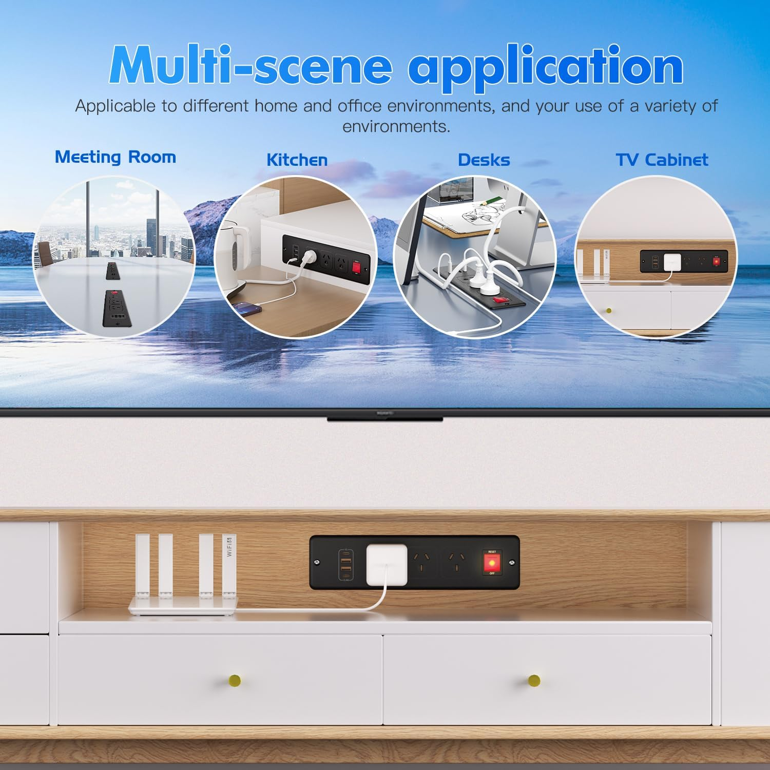 HITRENDS 7 in 1 Recessed Power Strip, 3-Way Built-In Socket with 1.8M Cable, 2 USB-A and 2 USB-C, Table Power Board, Multiple Socket for Conference Table, Worktop, Sofa Table, Black