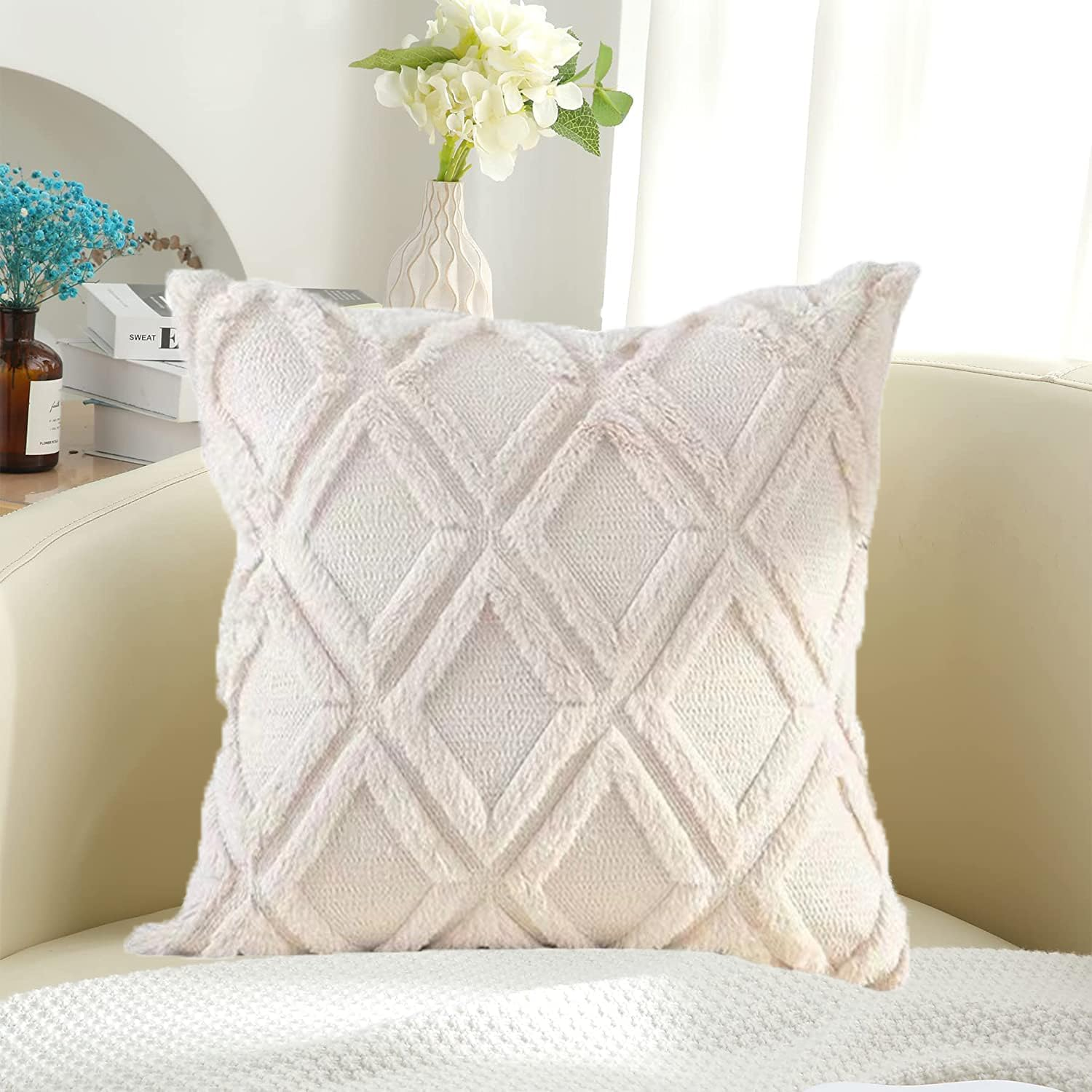 CJWLKJ 2Pcs Soft Faux Fur Throw Pillow Covers 18X18 - Plush Short Wool Velvet Decorative Pillow Covers - Couch Sofa Pillow Covers for Living Room - with 3D Pattern (Beige) image number 5