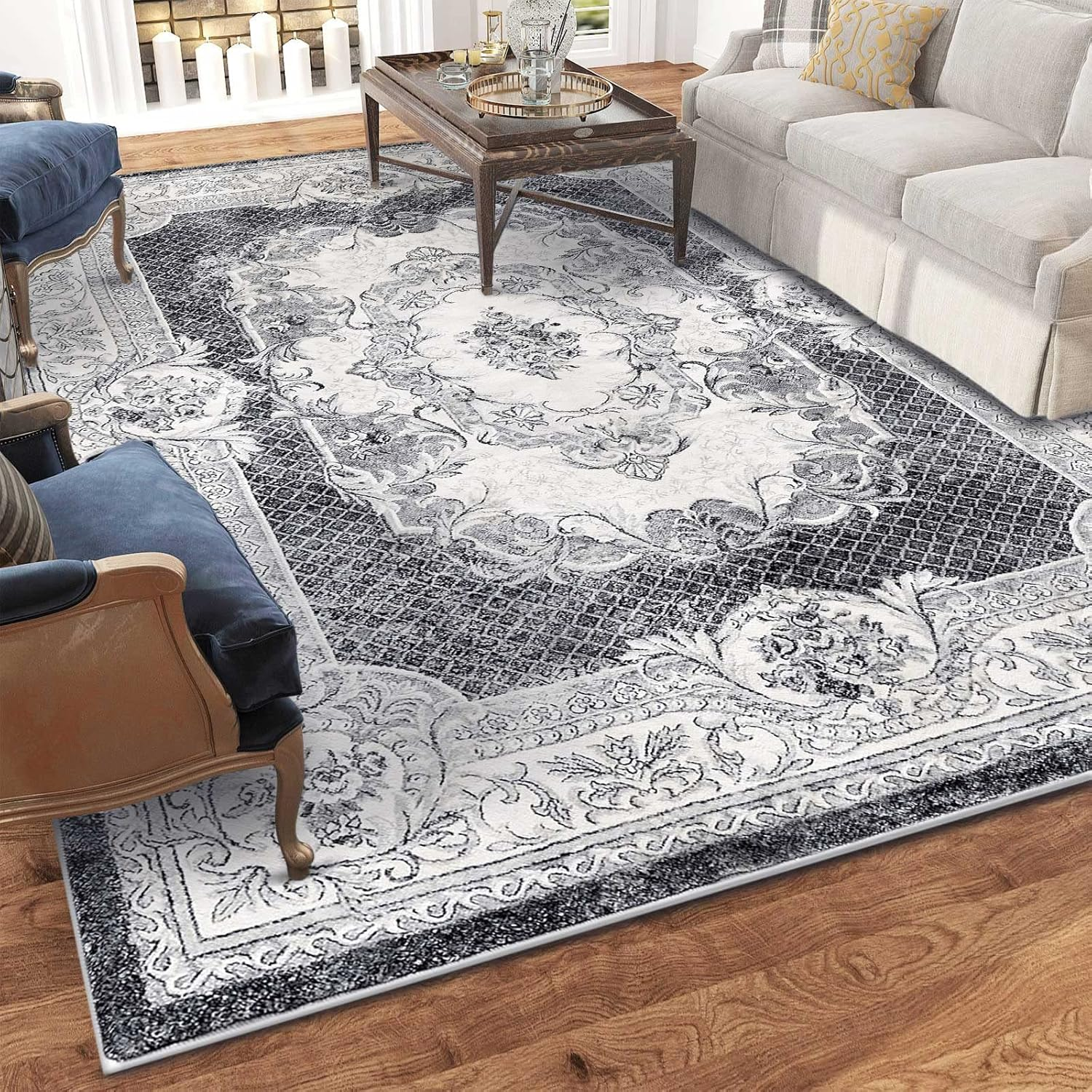 Tinyboy-Hbq Area Rug Living Room Rugs Kitchen Mats Rugs for Living Room Bedroom Luxury Imitation Cashmere Rug Modern Anti-Skid Carpet Floor Mats (Gray/White) (200 * 200Cm(6.6 * 6.6Ft)) image number 3