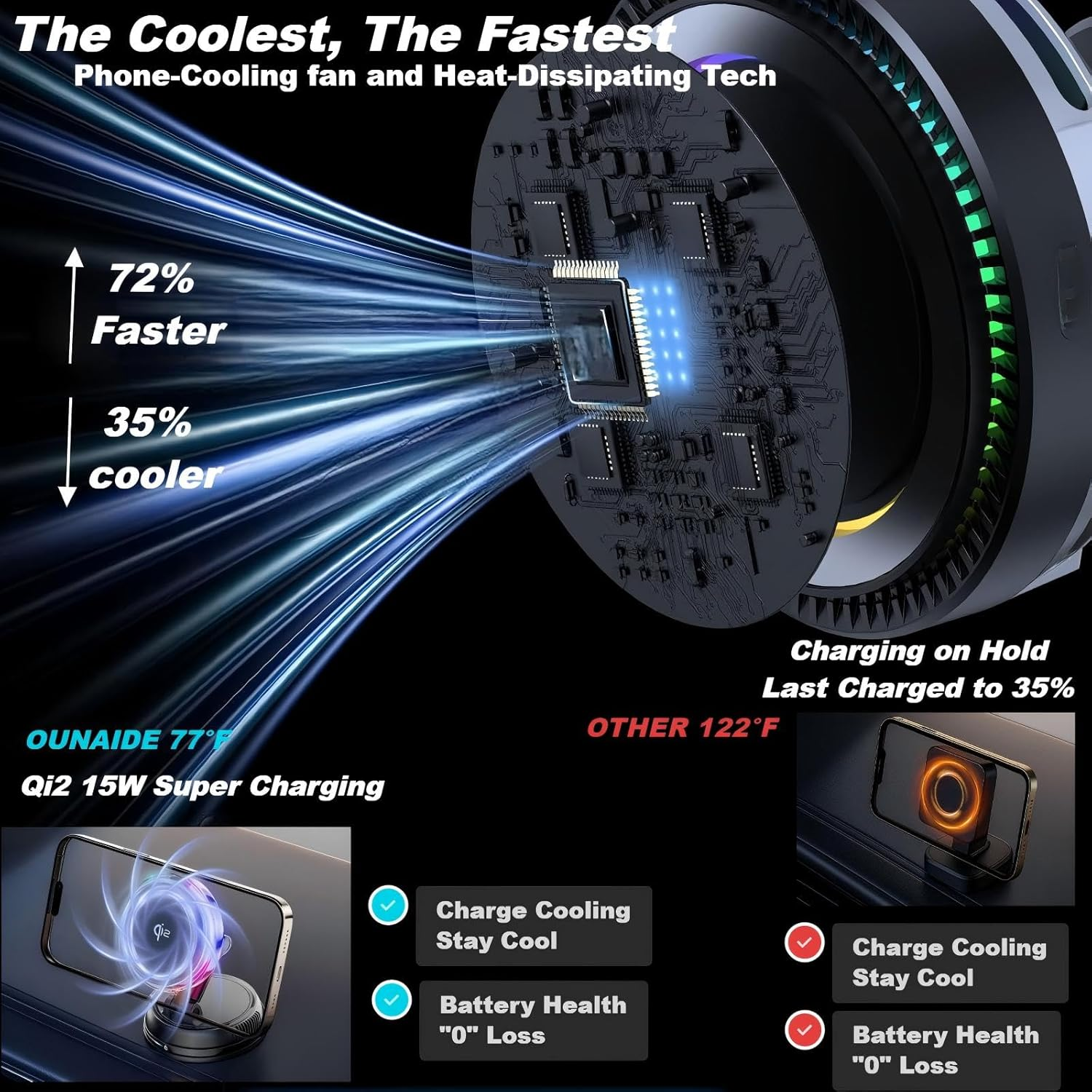 Qi2 15W Magnetic Wireless Car Charger, Qi2-Certified Car Mount Charger with Phone Cooling, Air Vent/Dashboard Magnetic Fast Charging Wireless Car Holder, for Iphone 17/16/15/14/13/12