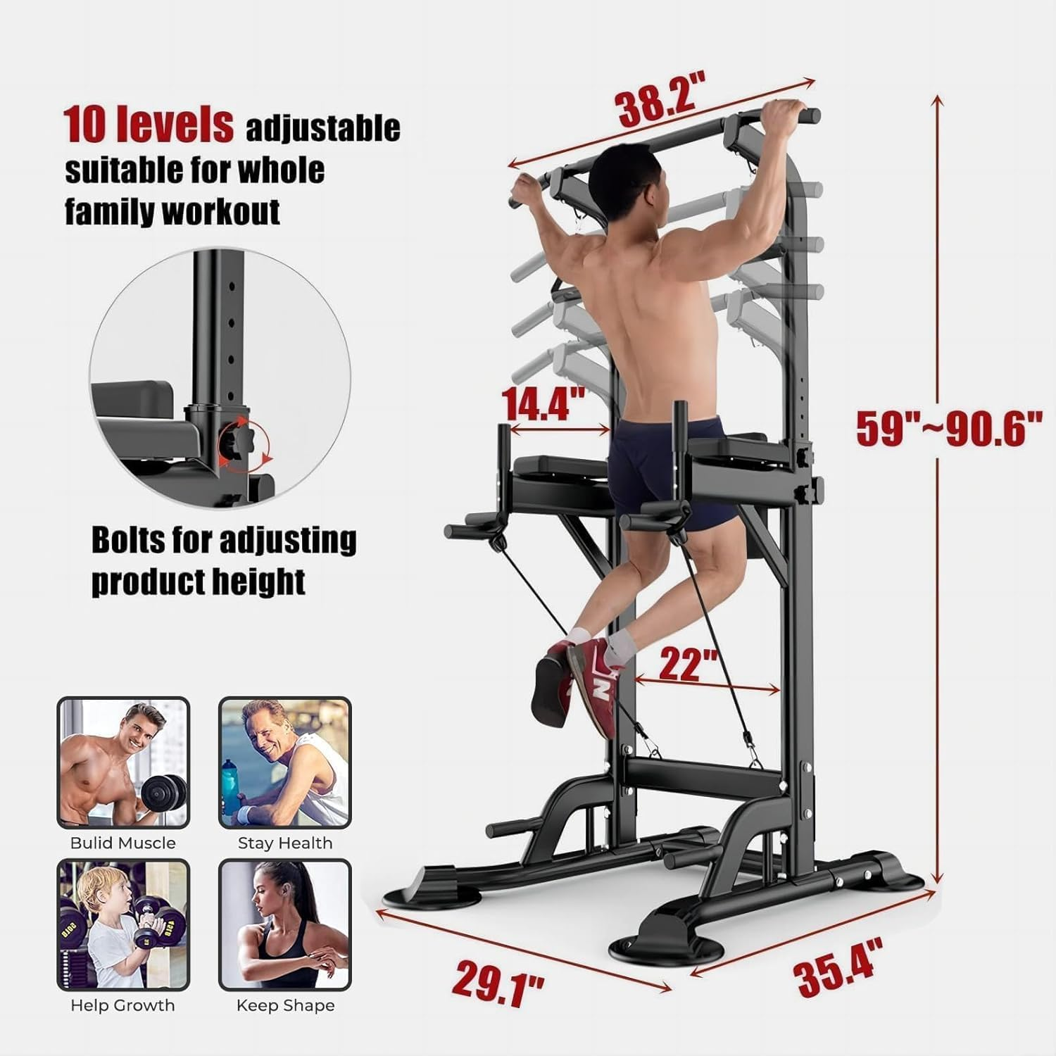 Power Tower, Dip Station Pull up Bar for Home Gym, Adjustable Height Multi Functional Home Strength Training Fitness Exercise Equipment, Simple Installation, Durable Home Fitness image number 5