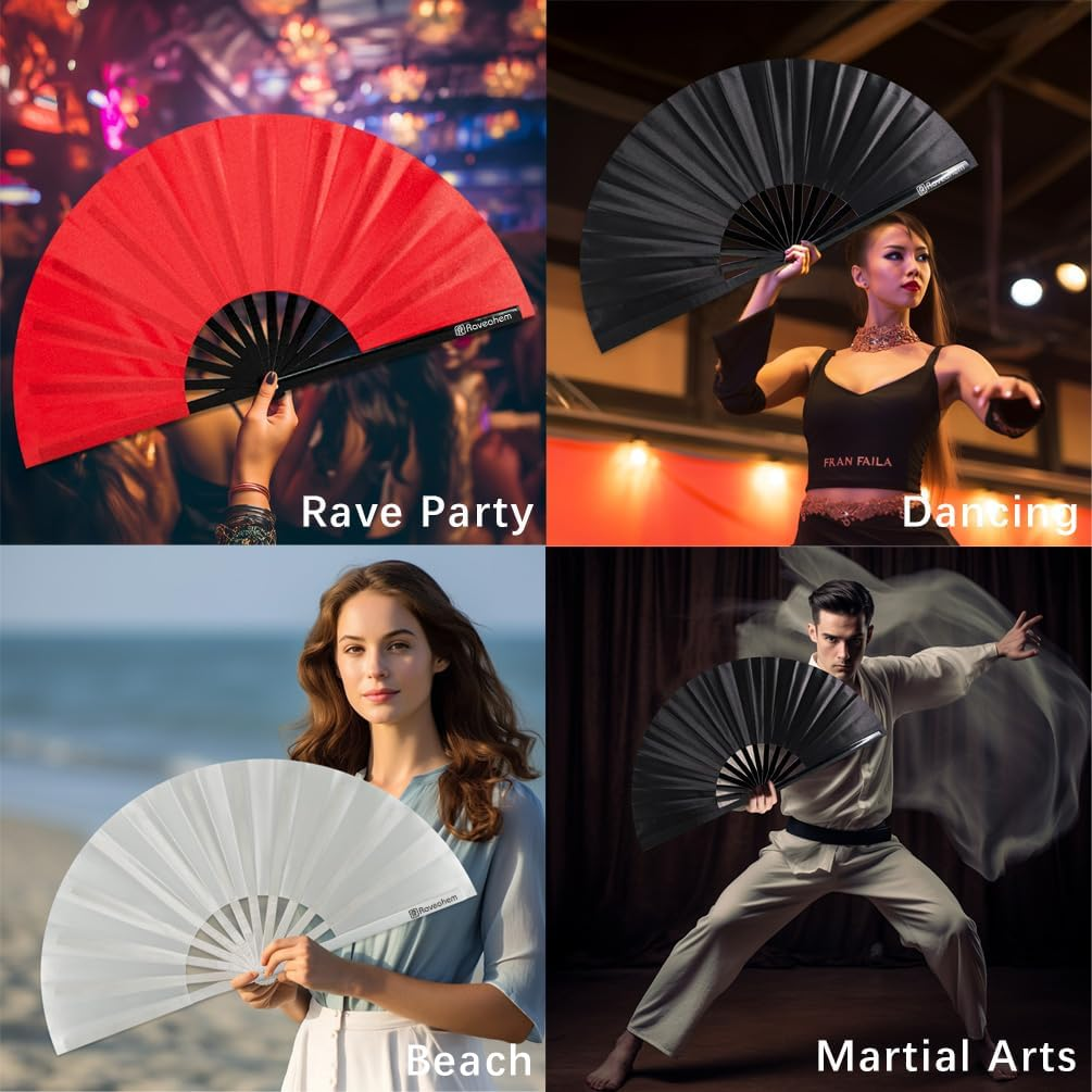 Raveahem 2 Pack Large Folding Hand Fans, Bamboo Handheld Rave Fan Wedding Fan Bamboo Frame Thickened Smooth Fabric for Cooling Decoration Women Men Gril Boy Gift, 13.8" Red - Black image number 4