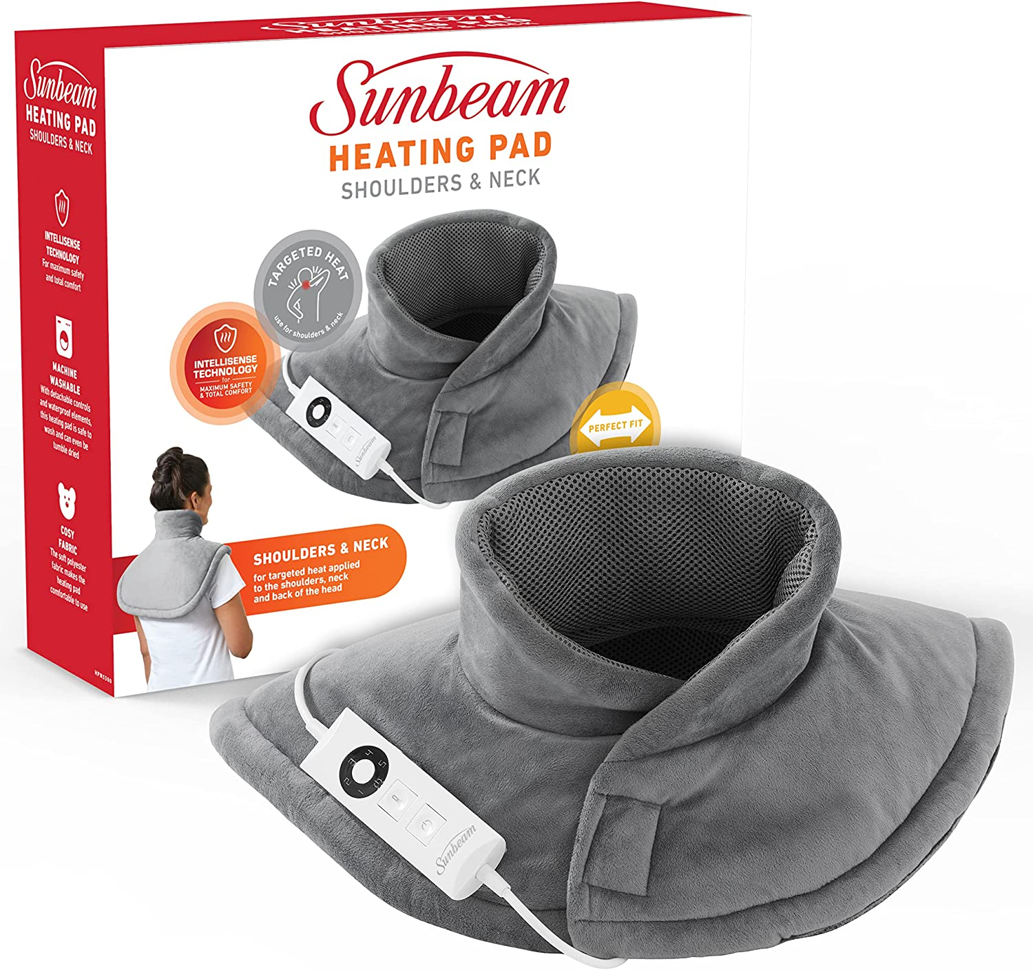 Sunbeam Electric Heating Pad for Shoulders & Neck |35.5X50Cm, Contoured Design, 5 Heat Settings to Soothe Muscles, Fast Heat-Up, Consistent Temperature, Soft Washable Fabric, Wellness Product,Grey (HPN5300)