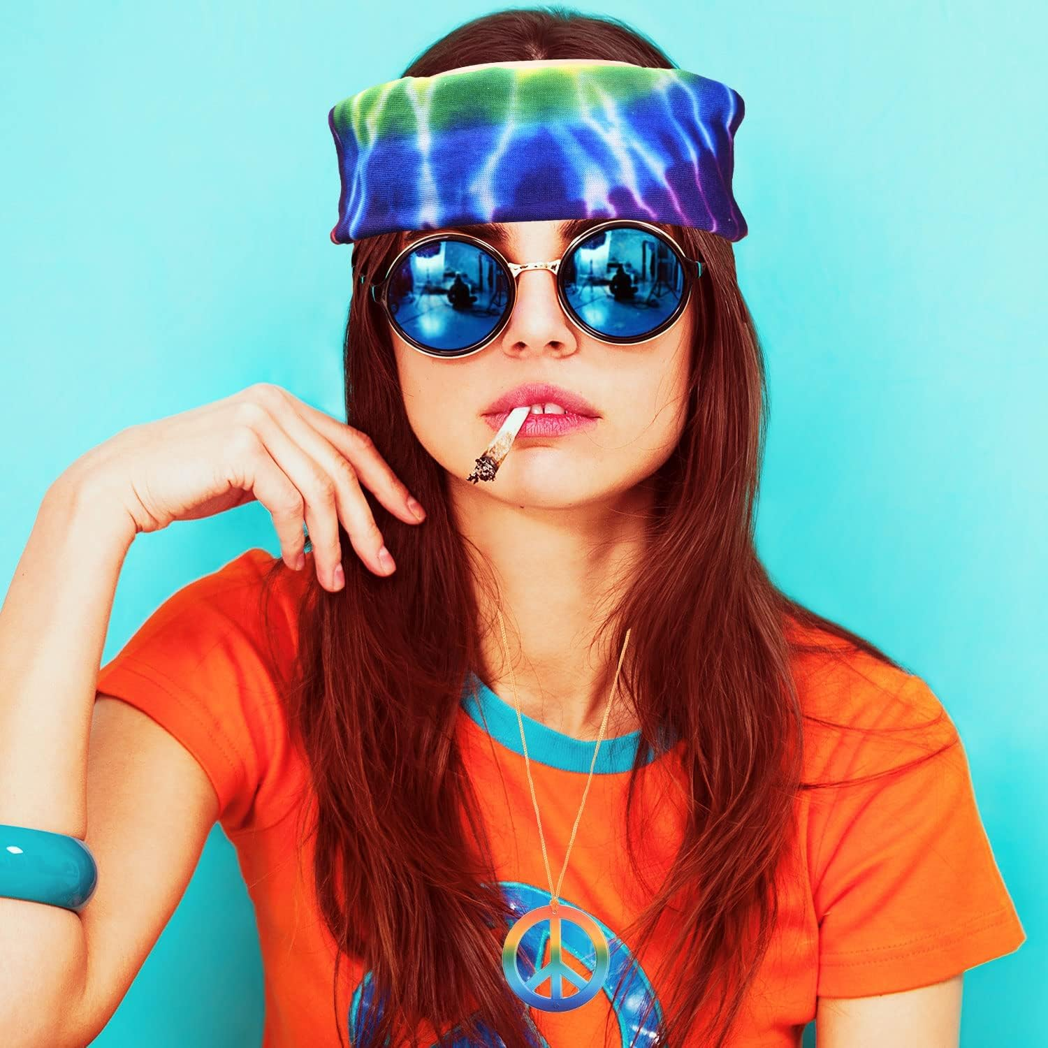 IKEEP 3 Pieces Hippie Costume Set Hippie Sunflower Headband Peace Sign Necklace round Hippie Sunglasses for Hippie Fancy Dress Accessory image number 1