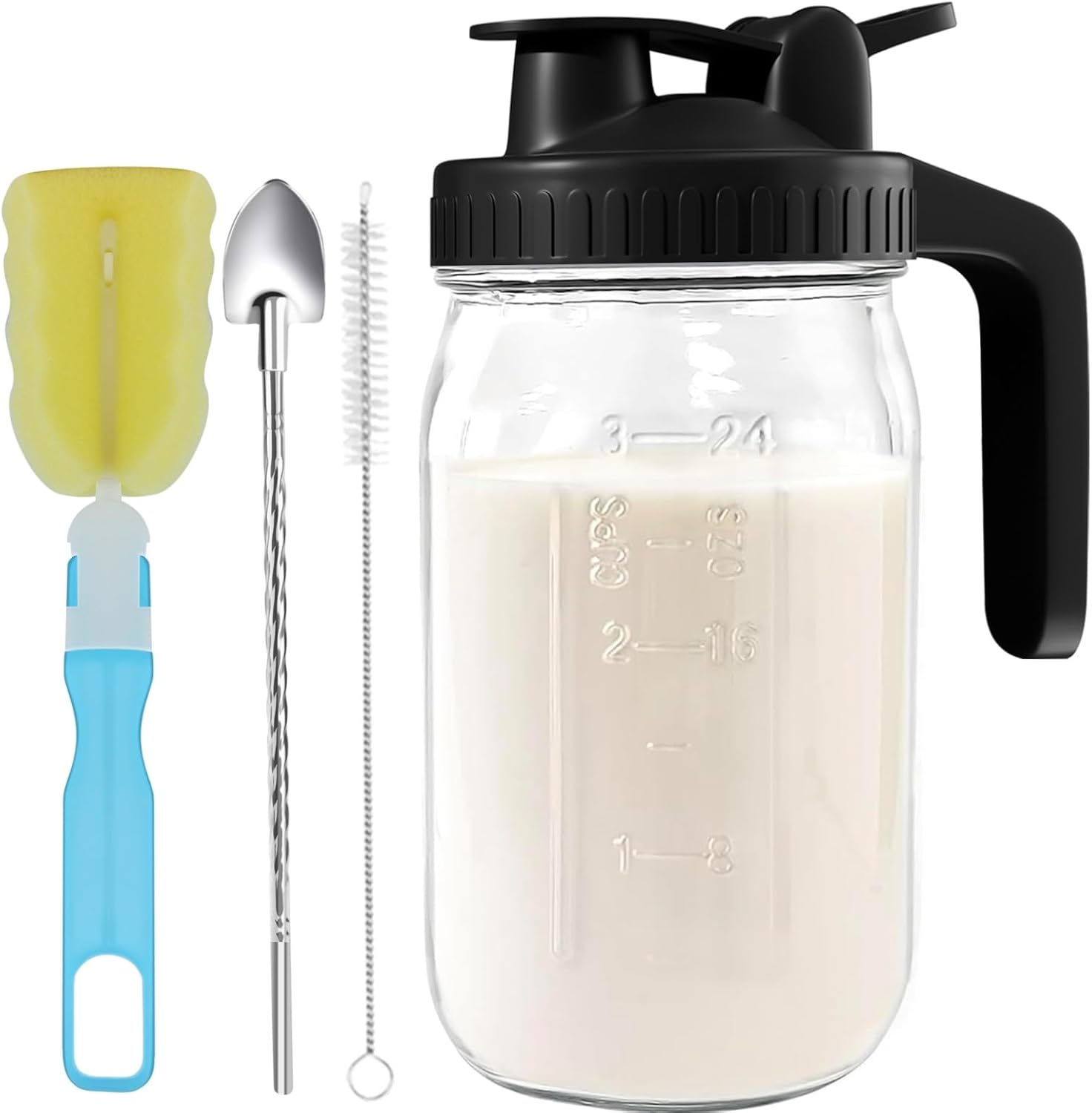 Cnsndqedke Cold Brew Coffee Maker, 32 Oz Wide Mouth Mason Jar Pitcher with Stainless Steel Filter, Pour Spout Handle Lid, Heavy Duty Glass Airtight & Leak-Proof Pitcher for Iced Coffee & Tea Lemonade