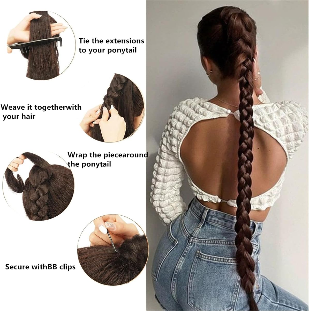 31 Inch Long Braided Ponytail Extension with Hair with Tie Straight Wrap around Hair Extensions Pony Tail DIY Natural Soft Synthetic Piece for Women (80Cm, Black) image number 3
