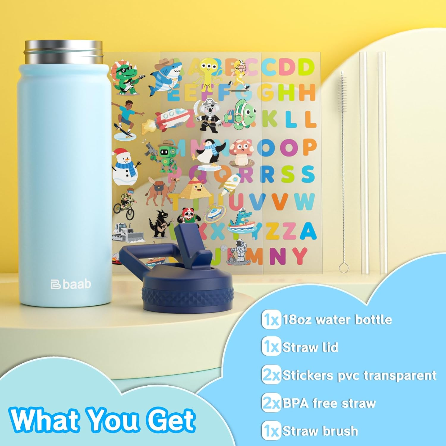 Baab 18Oz Kids Water Bottle, Insulated Water Bottle with Straw & Stickers, 18/8 Stainless Steel Vacuum Leakproof Kids Water Straw Cup for Sports Travel & School (Light Blue, 1 Pack) image number 2