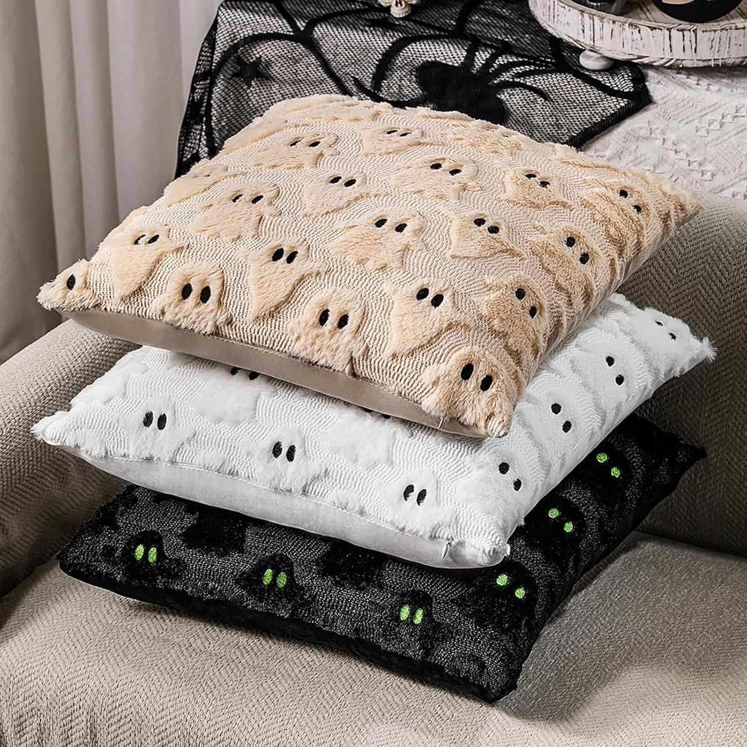 Halloween Ghost Plush Pillow Covers &ndash; 17.7 X 17.7 Inch Set of 2, Fluffy Faux Fur Cushion Covers for Sofa & Home Decor Farmhouse-Style Decorative Throw Pillow Cases (White) image number 2