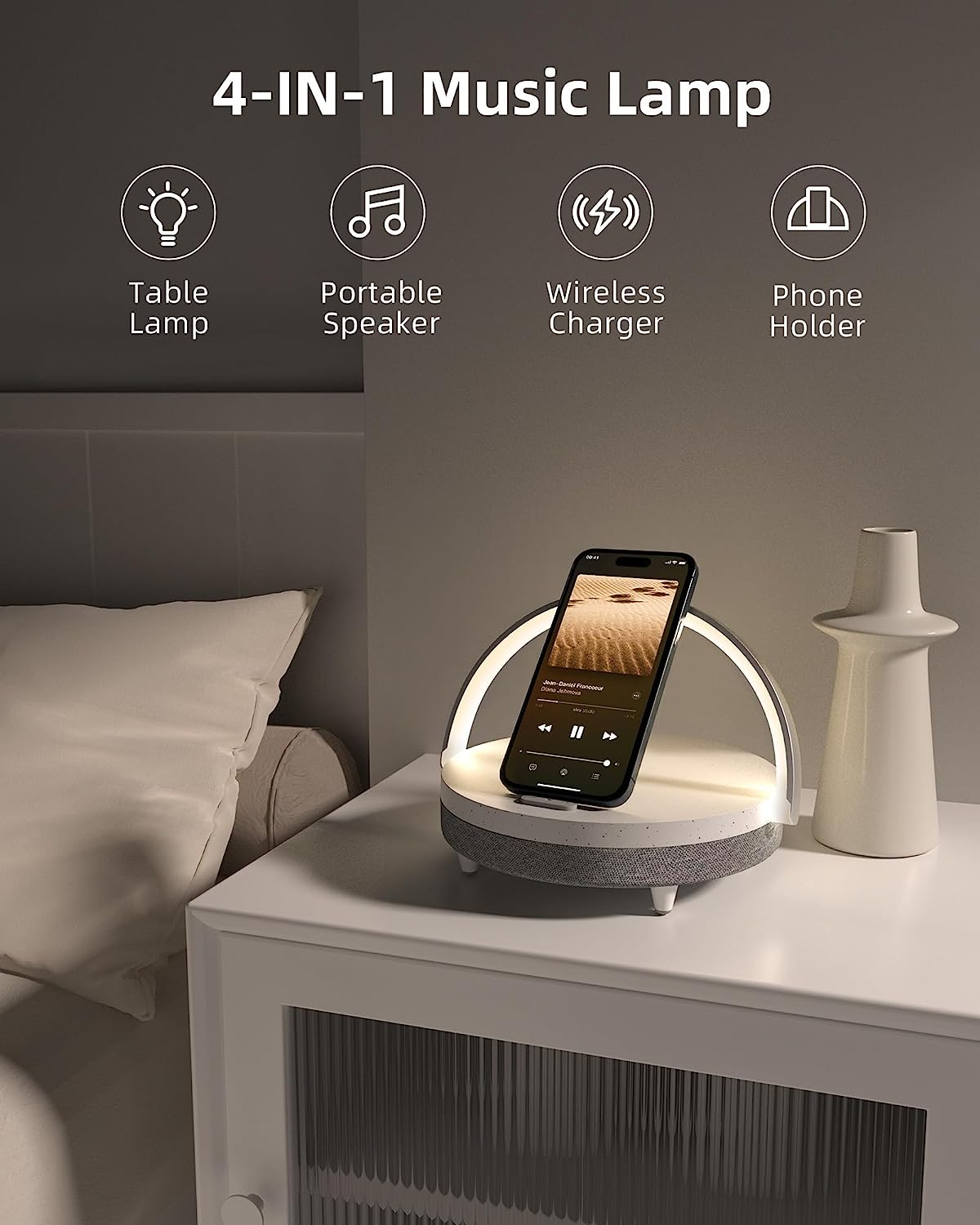 EZVALO Gifts for Women, 4-In-1 Portable Bluetooth Speaker, Bedside Lamp with Wireless Charger, Dimmable Night Light and Phone Holder, Christmas and Birthday Gifts for Teens, Families and Friends image number 5