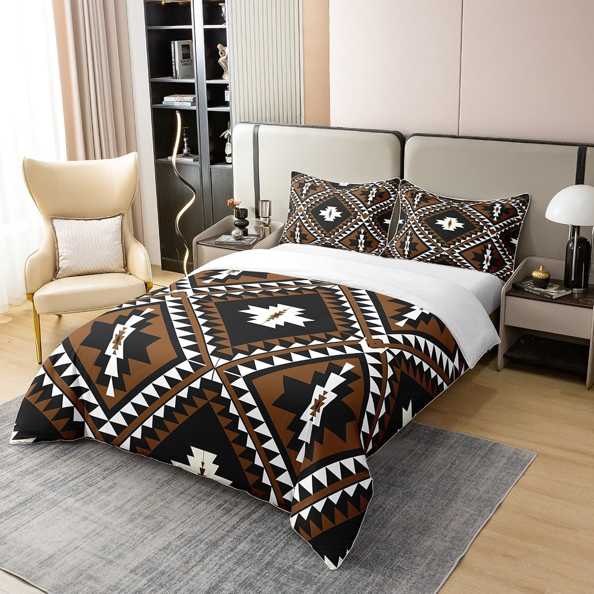 100% Cotton Rustic Western Bed Linen Set, Bohemian Southwestern Aztec Comforter Duvet Cover, Ethnic Mexican Style, Geometric Diamond Quilt Cover, Brown, Black, White, Room Decor, 135 X 200 Cm image number 5