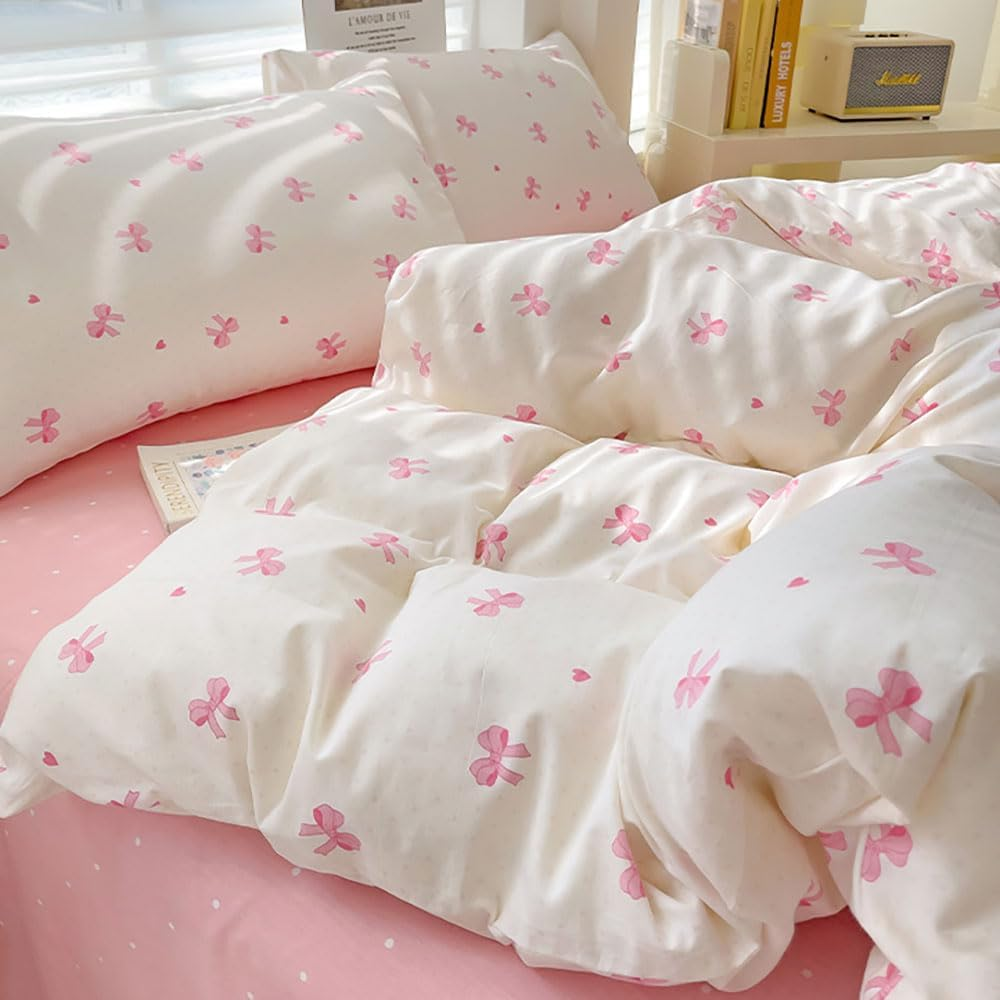 Covebett Cotton Duvet Cover Double Size White Pink Floral Flower Tulip Reversible Bedding Set 3Pcs, 1 Aesthetic Girls Quilt Cover 200X200 Cm with Zipper Closure and 2 Pillowcases 50X75