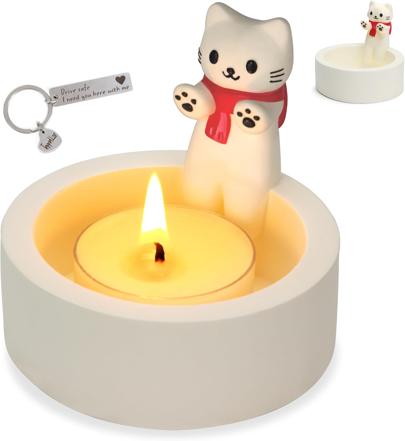 Cat Candle Holder Cute Kitty Cartoon Kitten Candle Holder Warming Paws Plaster Handmade Tea Light Candle Sticks Holder Home Decor Gifts for Cat Lovers with Keychain for Free.