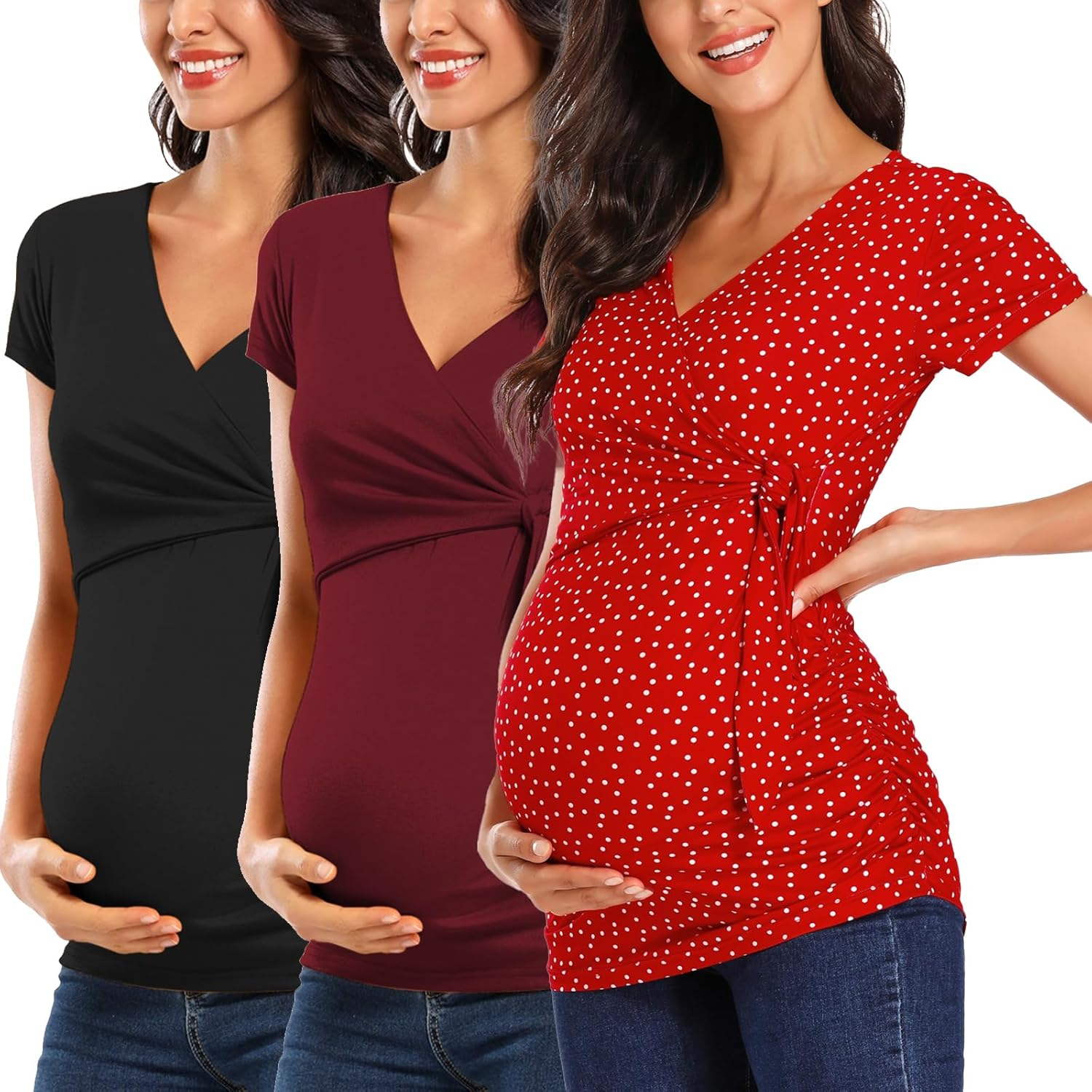 Ecavus Women'S Maternity Shirts 3 Packs Short Sleeve Tie Front Wrap Nursing Tops V Neck Pregnancy Clothes