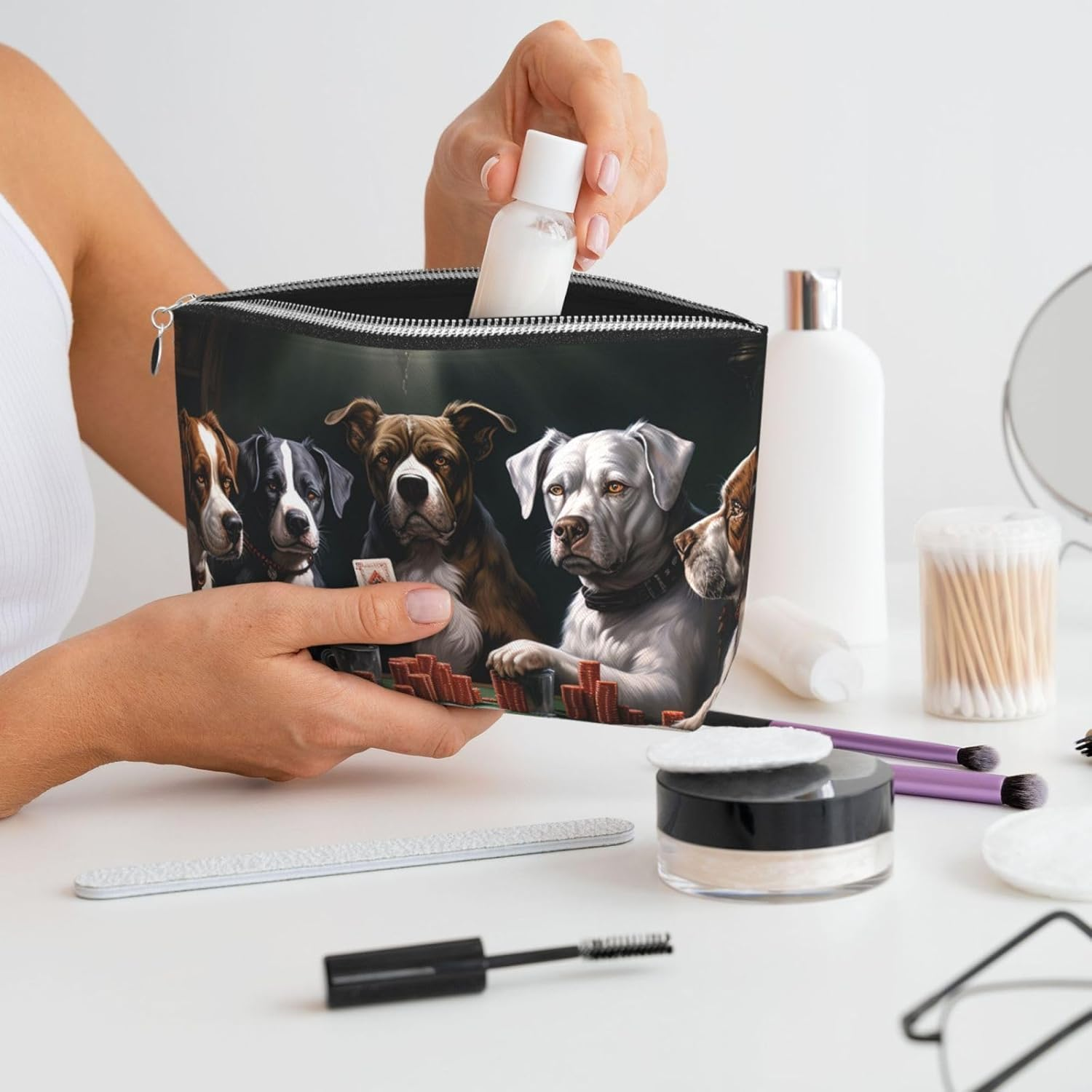 SDTYKHJ Large Capacity Makeup Bag for Women, Waterproof Portable Shaving Bag, Small Toiletry Bag, Poker Dogs, Leather Cosmetic Organizer Bags for Travel, Siliver, One Size image number 5