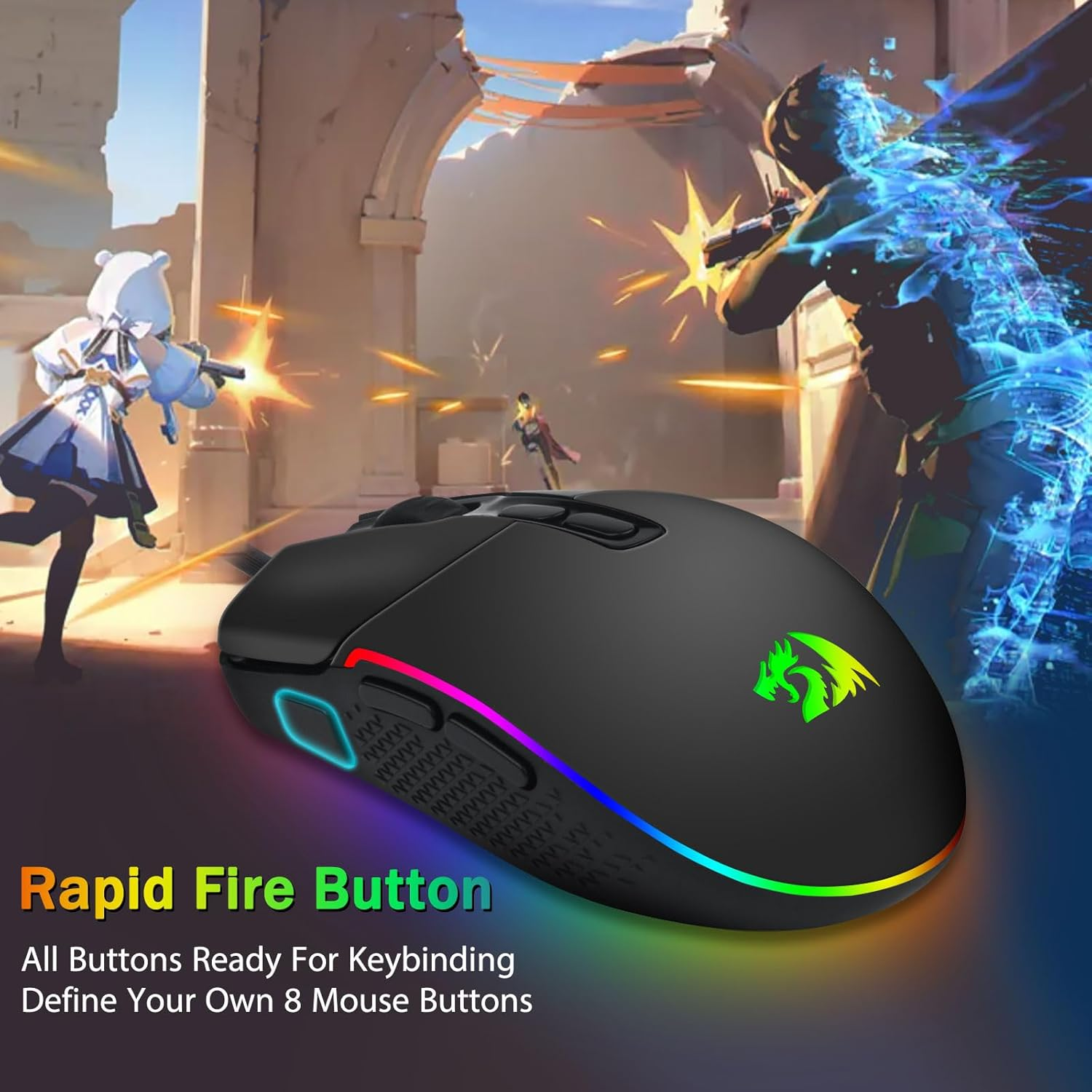 Redragon M719 Antonium RGB Gaming Mouse, 10,000 DPI Optical Wired Mice with 8 Programmable Buttons & 8 Backlit Modes, Software Supports DIY Keybinds Rapid Fire Button