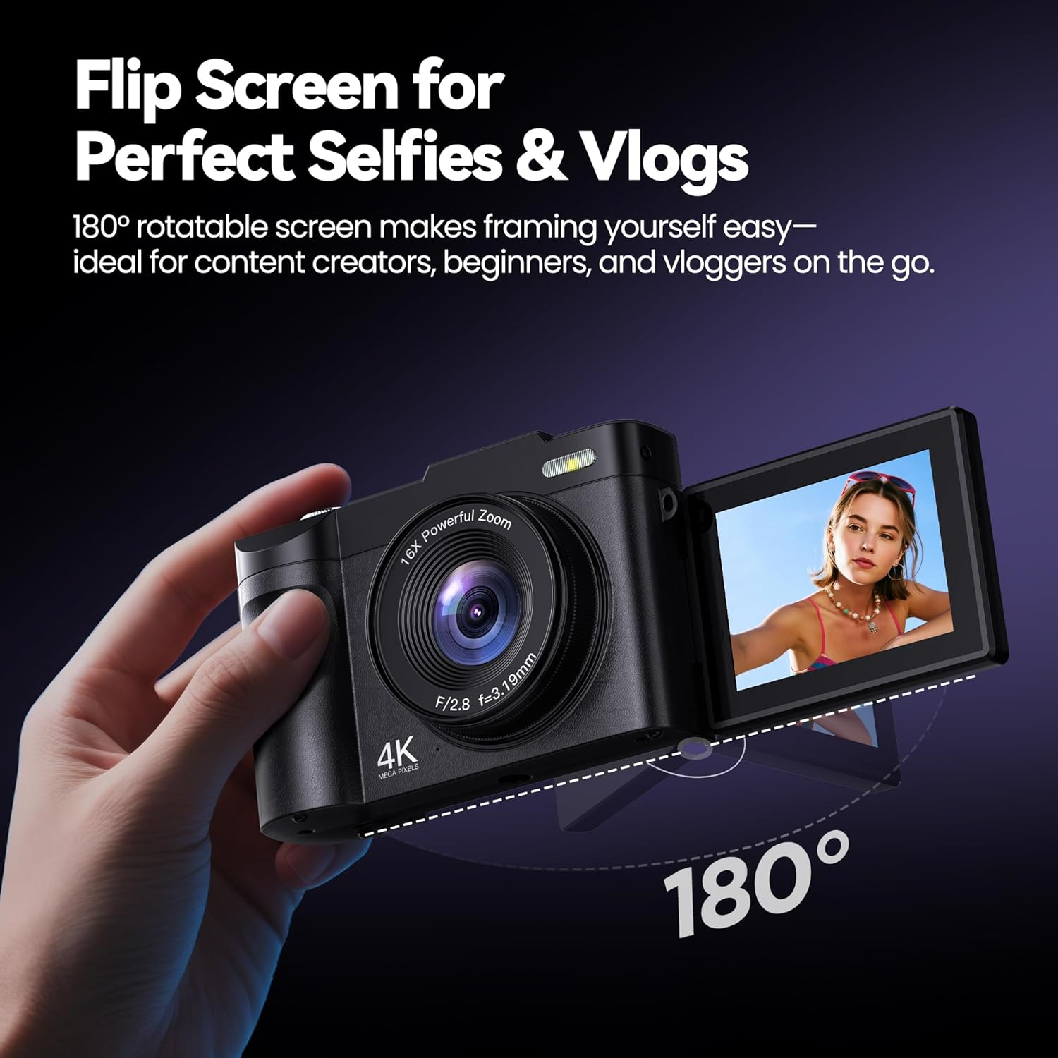 Digital Camera 4K for Photography Vlogging: 48MP Cameras for Video - 16X Zoom Photo Camera Gifts for Teens Ages 8-16 - 180&deg;Flip Screen Compact C&aacute;mara - Point and Shoot Digital Cameras for Youtube image number 4