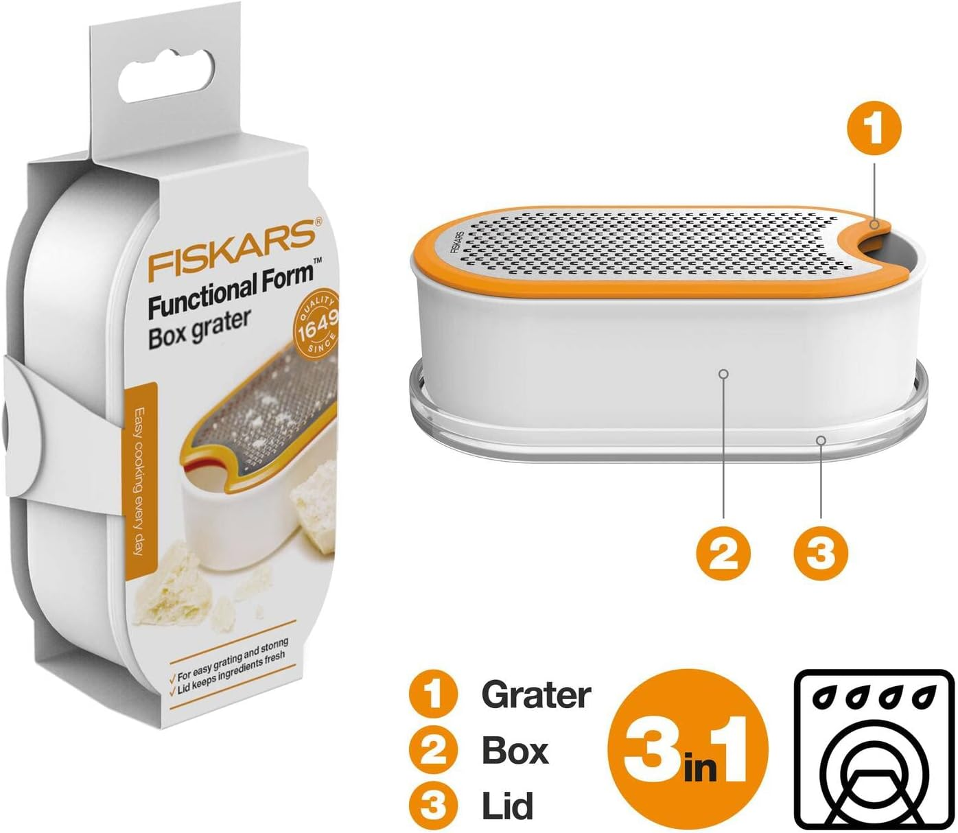 Fiskars, Container, Dimensions: 16.8 X 9.0 Cm Box Grater, One Size, White image number 1