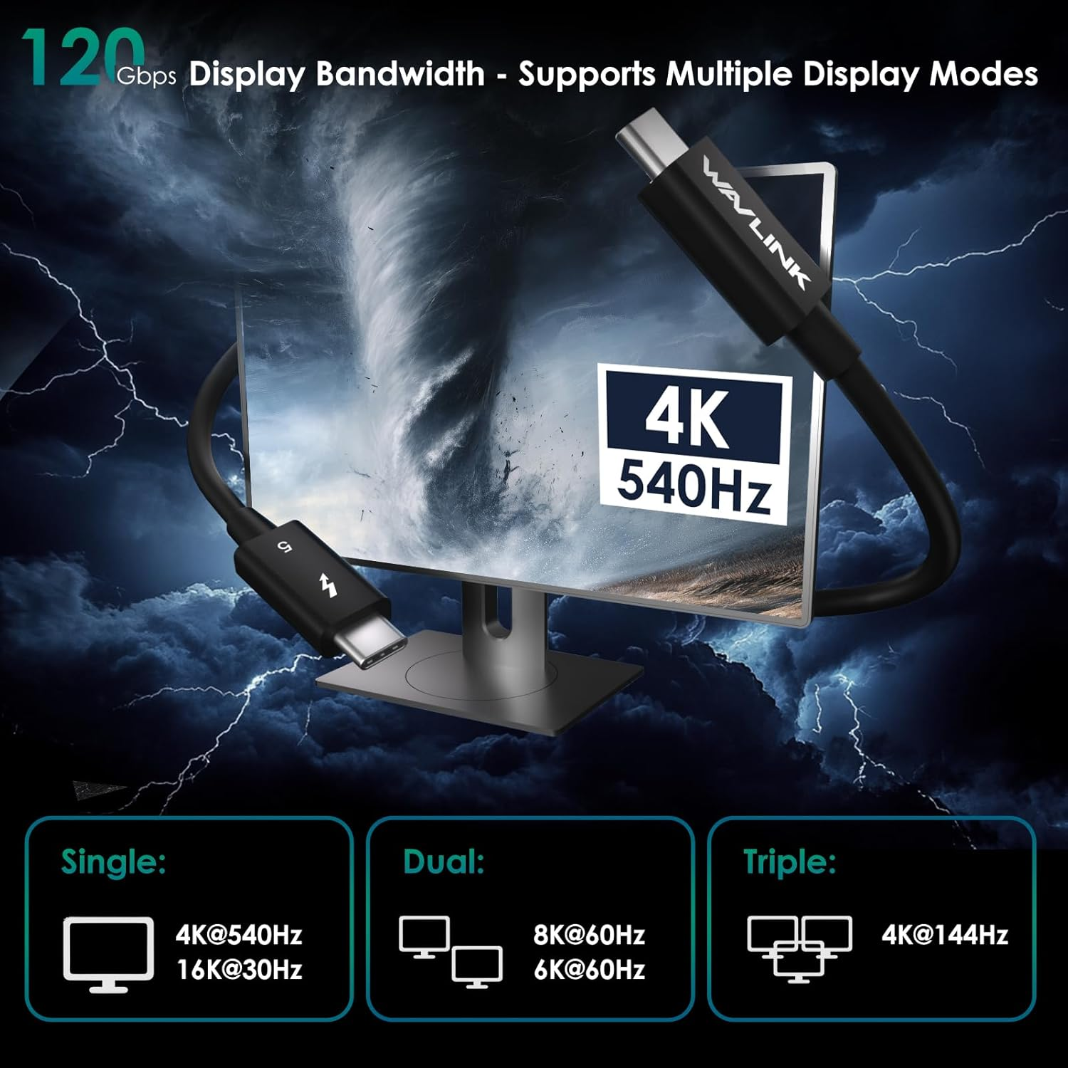 WAVLINK Thunderbolt 5 Cable, 120Gbps Fast Data Transfer and 240W Power Delivery USB-C Cable, 8K/16K Display Support, Backwards Compatible Tb4/3/Usb4/3,Ideal for Gaming,Laptops,Monitors and Docks-0.29M