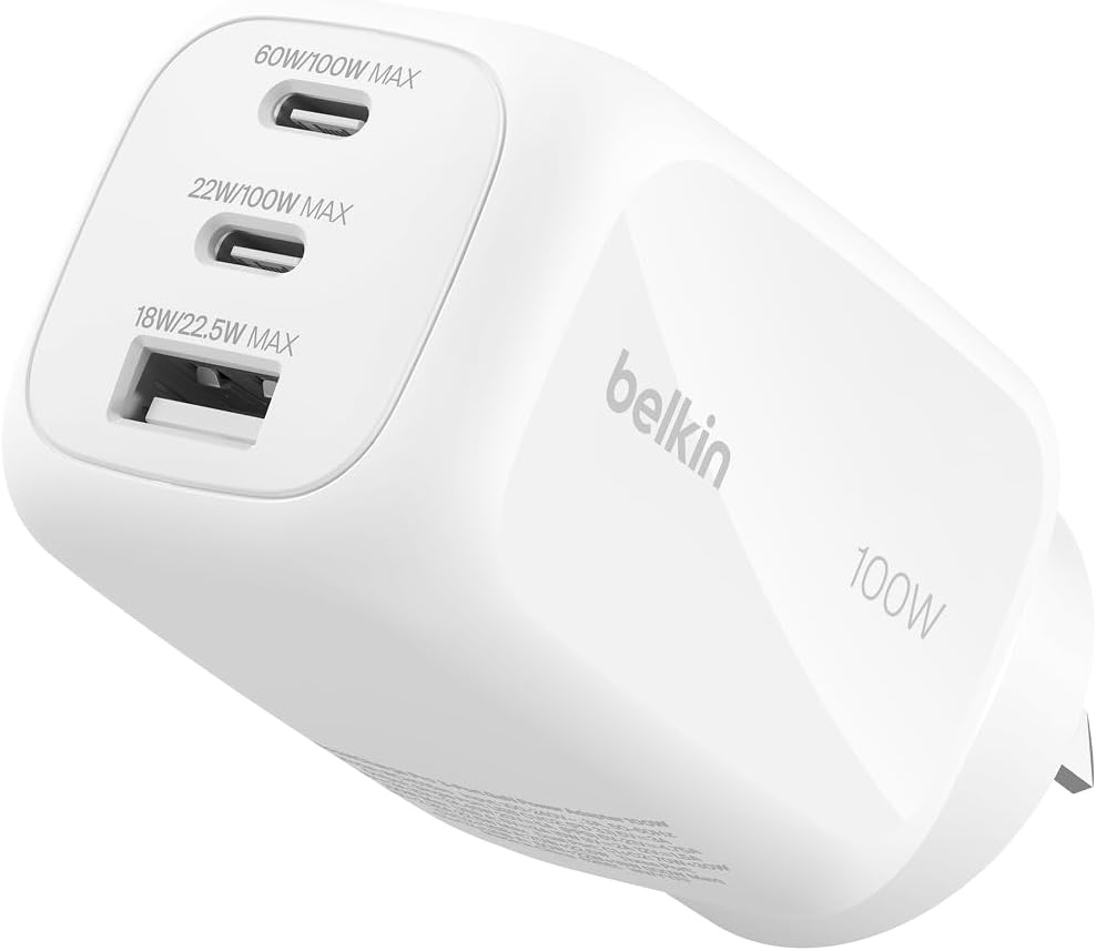 Belkin 3-Port USB C Charger Block 100W, Multi-Port Gan Wall Charger W/ 2X USB C Ports & 1X USB-A Port, Fast Charging for Macbook, Iphone 16, Ipad Pro, Samsung Galaxy S25, Google Pixel, & More - White image number 6