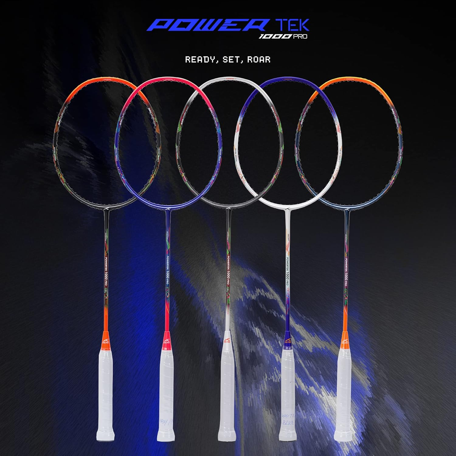 HUNDRED Powertek 1000 PRO Graphite Strung Badminton Racket with Full Racket Cover - Navy/Orange image number 6