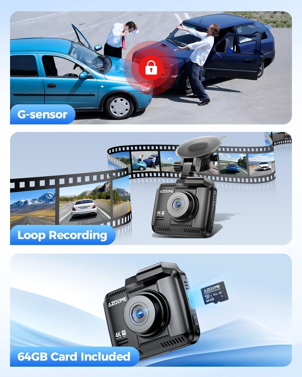 AZDOME 4K Dash Cam Front and Rear, STARVIS Night Vision, UHD 2160P Wifi Dash Camera for Cars with GPS, Included 64GB Card, 2.4" IPS Screen Dashcam, 170&deg;Wide Angle, WDR, 24H Parking Mode (GS63H Pro) image number 6