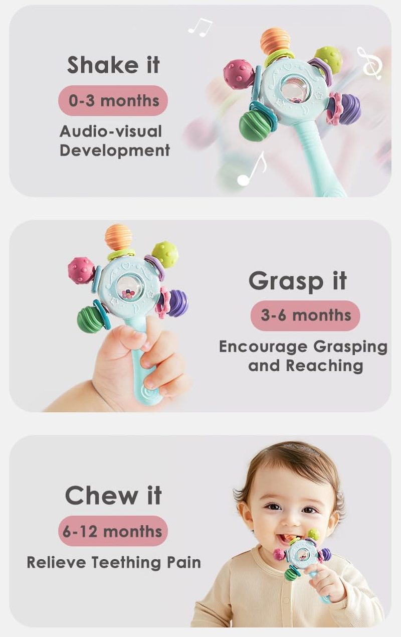 Baby Montessori Sensory Toys for 0-6 6-12 Months, Montessori Early Education Toy, Teething Toy for 3-6 Months, 6-12 Months, Rattle Stick Toy,Baby Rattle, Grasp Training Toy, Baby Teething Toys, Newborn Toys (Blue) - Blue image number 3