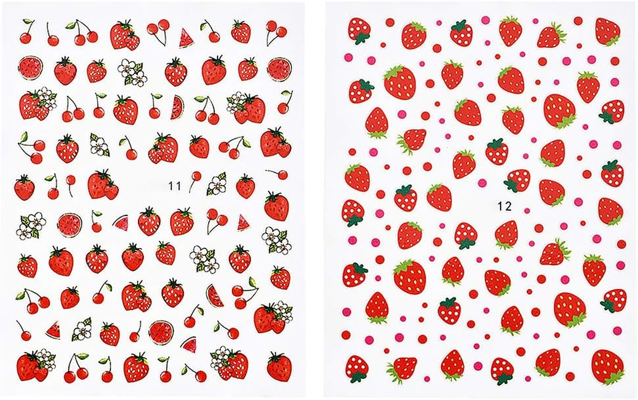 2 Sheets Nail Art Stickers Flowers Beautiful Nail Stickers DIY Nail Decals and Strawberry Nail Stickers for Girls image number 1