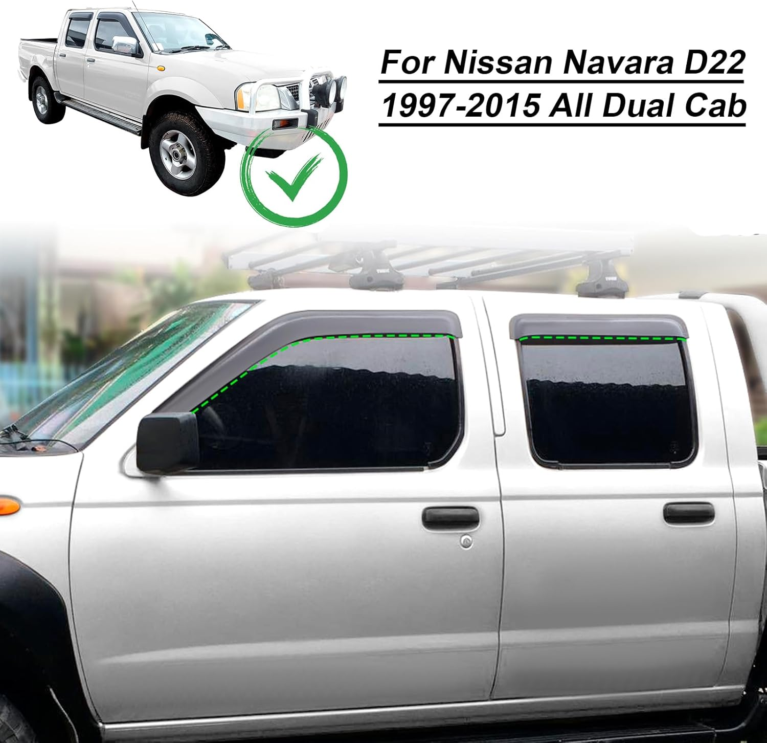 SUERAUTO4X4 Weather Shields for Nissan Navara D22 1997-2015 Dual Cab Accessories, Weathershields Car Wind Deflectors Window Visors Rain Guard Exterior, Injection Tinted Black 4Pcs/Set image number 6