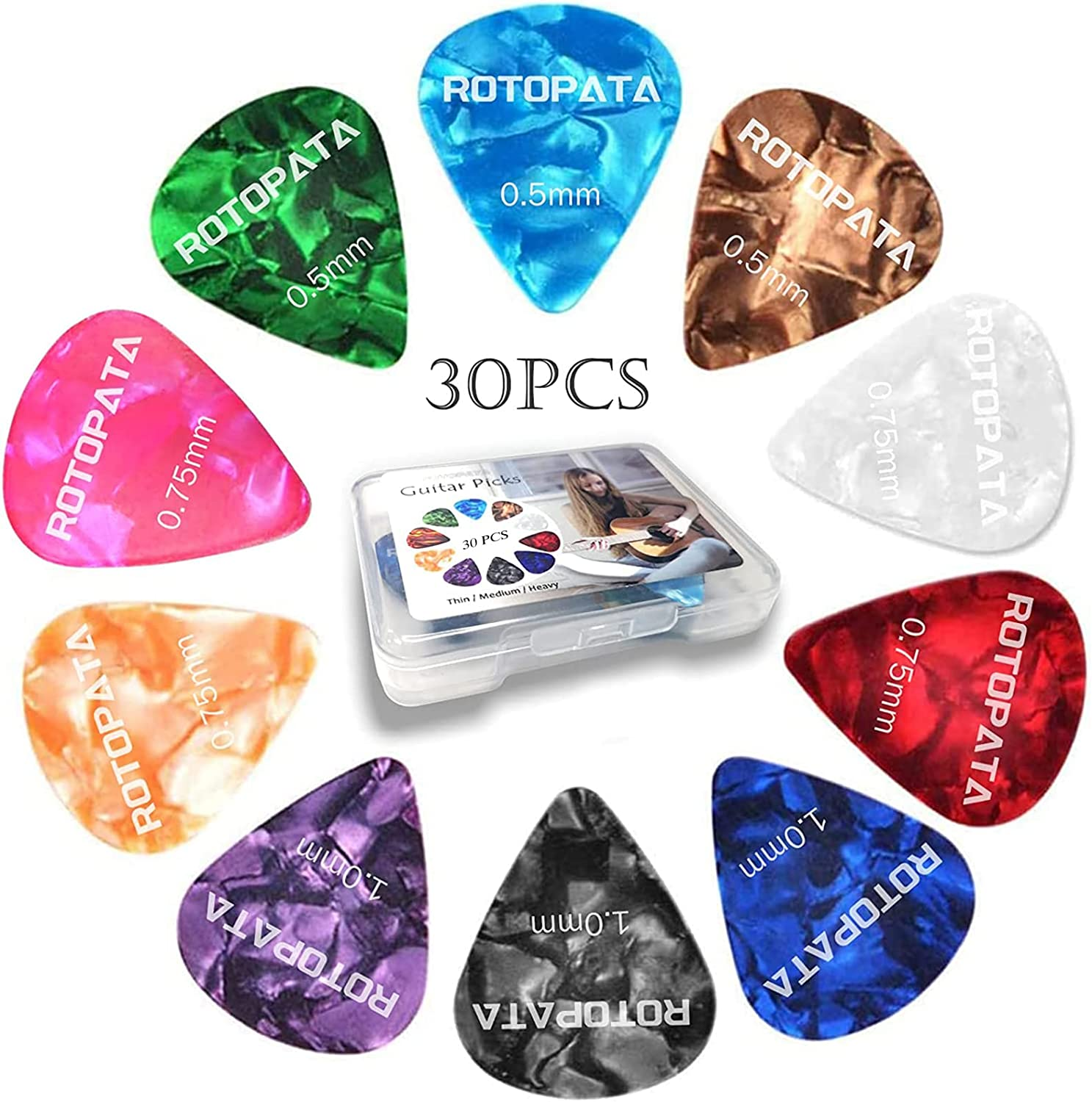 30 Pcs Guitar Picks Variety, Colorful Premium Celluloid Picks with Organizer Storage Box for Acoustic Electric Guitars Bass or Ukulele, with Different Sizes Contain Thin, Medium & Thick Gauges image number 3