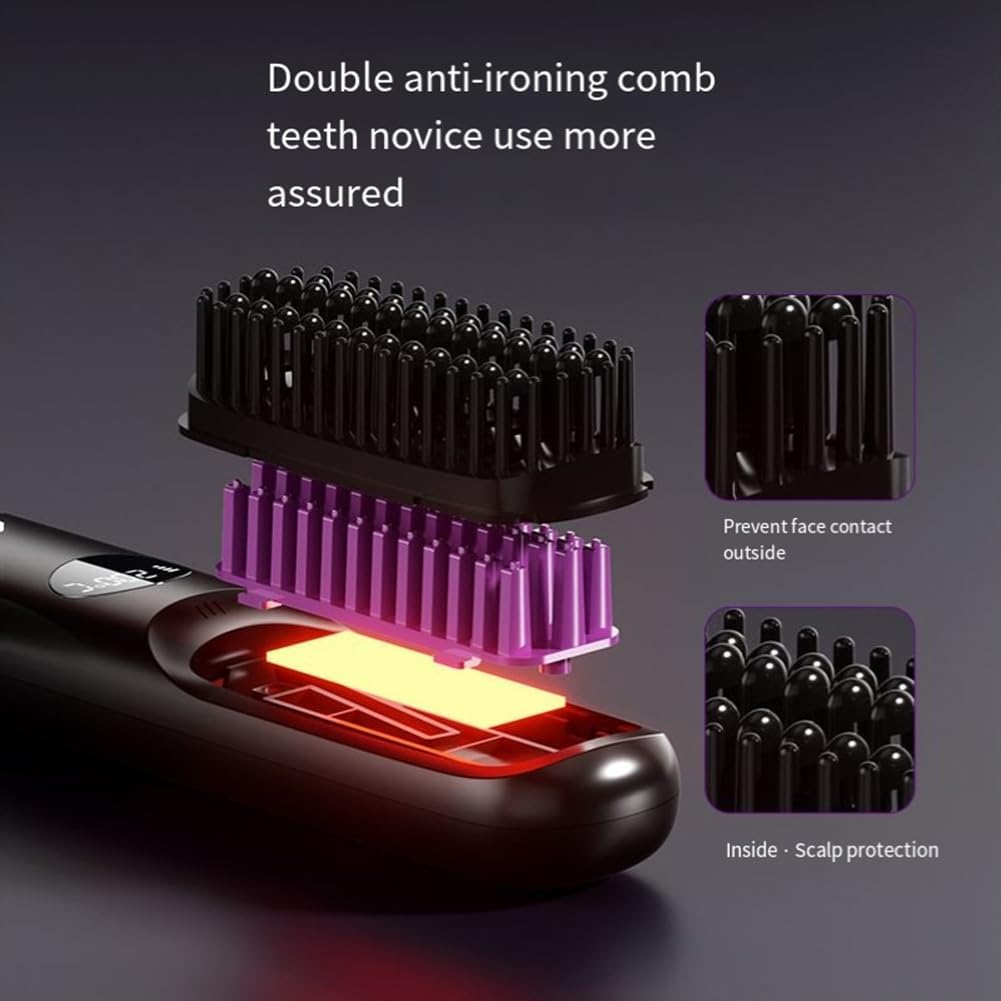 Xioaue Cordless Ceramic Heated Hot Brush 3 Temp Settings 160-200&deg;C Heat Brush LCD Display Electric Hot Comb for Smooth image number 3