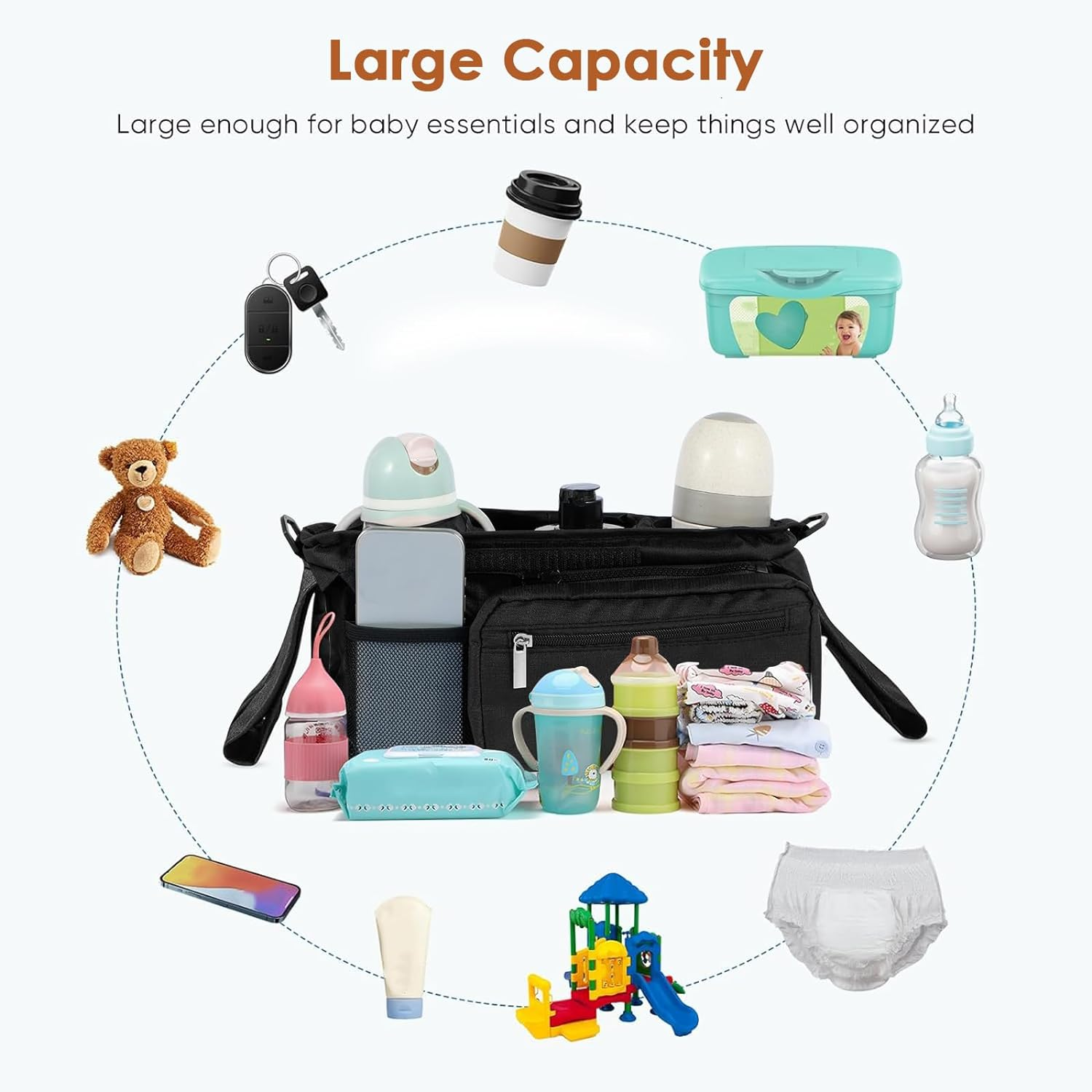 Fxvhojq Baby Stroller Organizer Newborn Baby Girl or Boy Tote with 2 Cup Holder Waterproof Oxford Stroller Caddy Organizer with Detachable Pocket for New Parents, New Mom (Black) image number 5