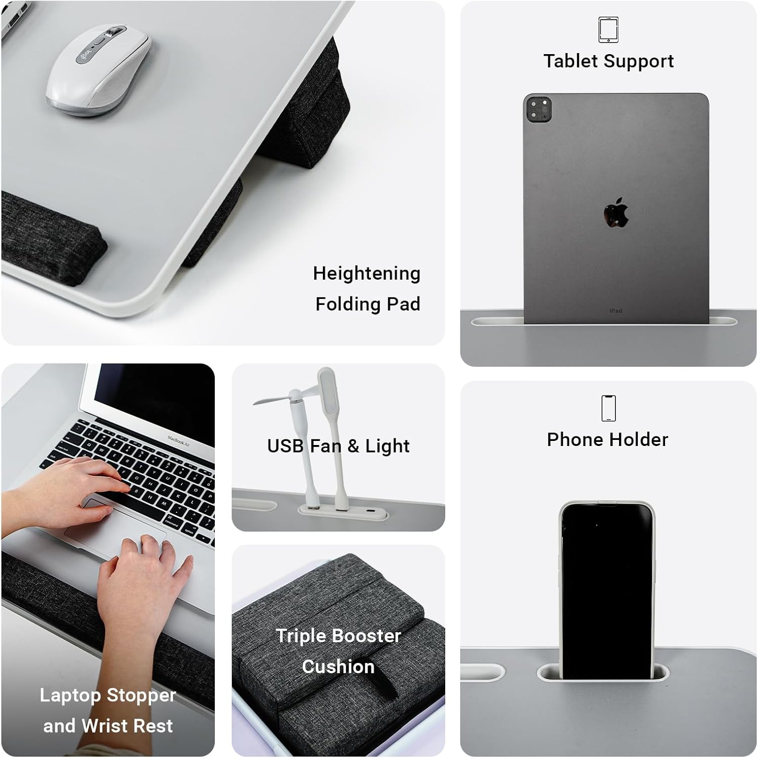 Ixtra 2-In-1 Bed Table & Lap Desk with Soft Cushions, 17Inch Laptop Desk for Bed, Foldable with Wrist Rest, Computer Tray Table with Usb-Tablet & Phone Holder, Ideal for Bed Desk, Sofa & Chair-60*40Cm image number 3