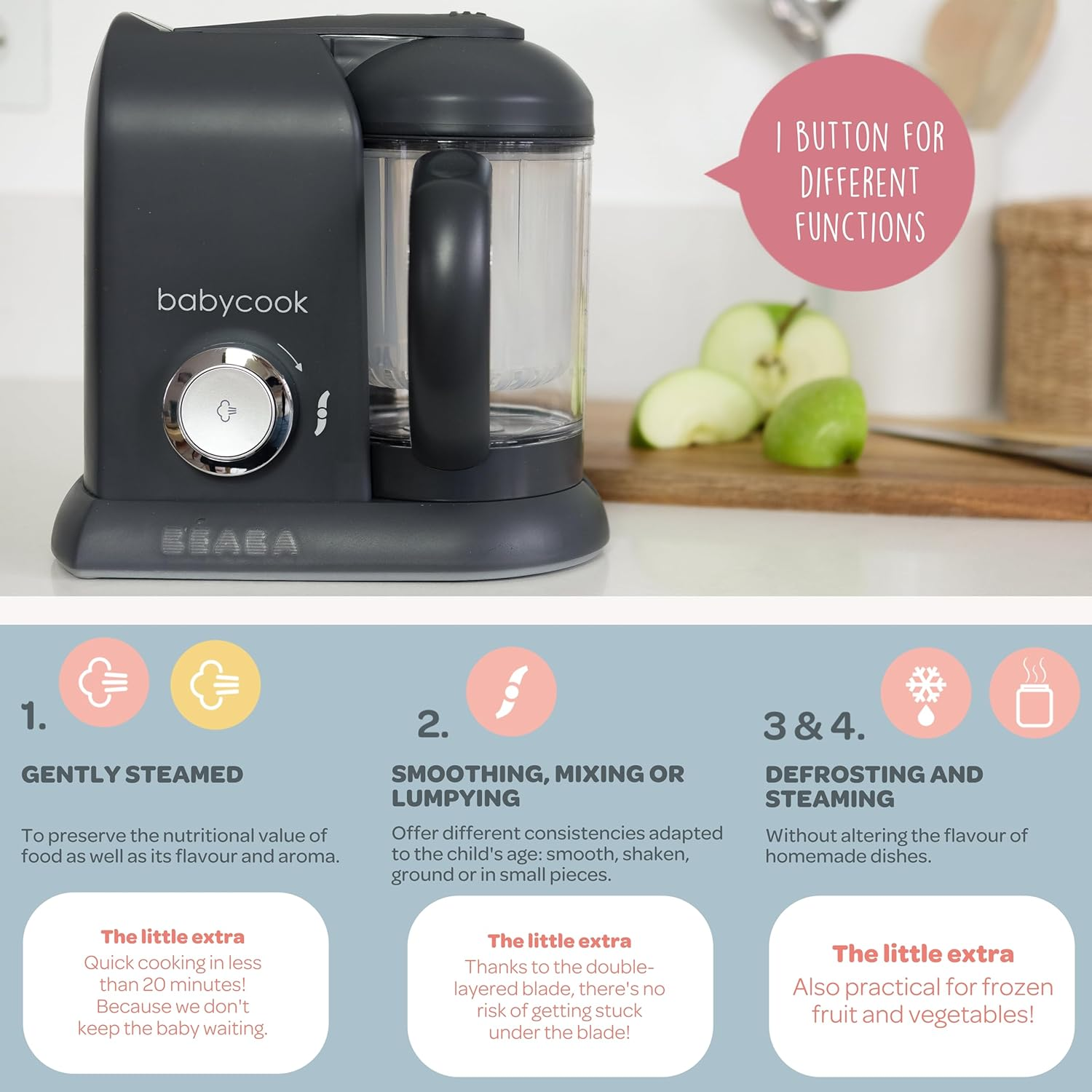 BEABA - Babycook Solo - Baby Food Maker - 4 in 1 : Baby Food Processor, Blender and Cooker - Soft Steamer Cooking - Quick - Food Diversification for Your Baby - Dark Grey - White image number 5