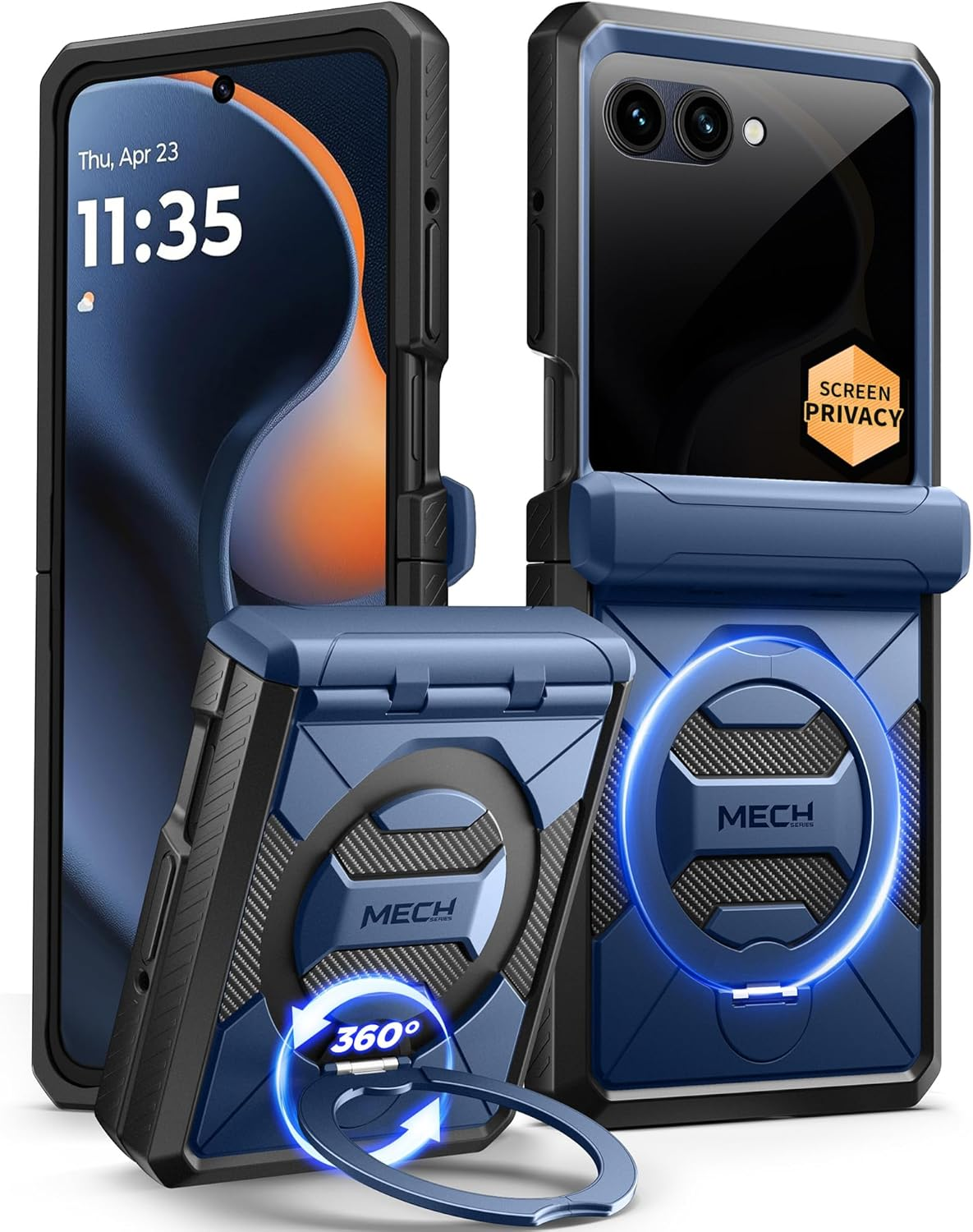 TONGATE for Motorola Razr 2025 Case/Razr 2024 Case with Privacy Screen Protector, [360&deg; Spin Magnetic Stand] [Compatible with Magsafe] [Hinge Protection] Full-Body Military Drop Phone Cover, Black