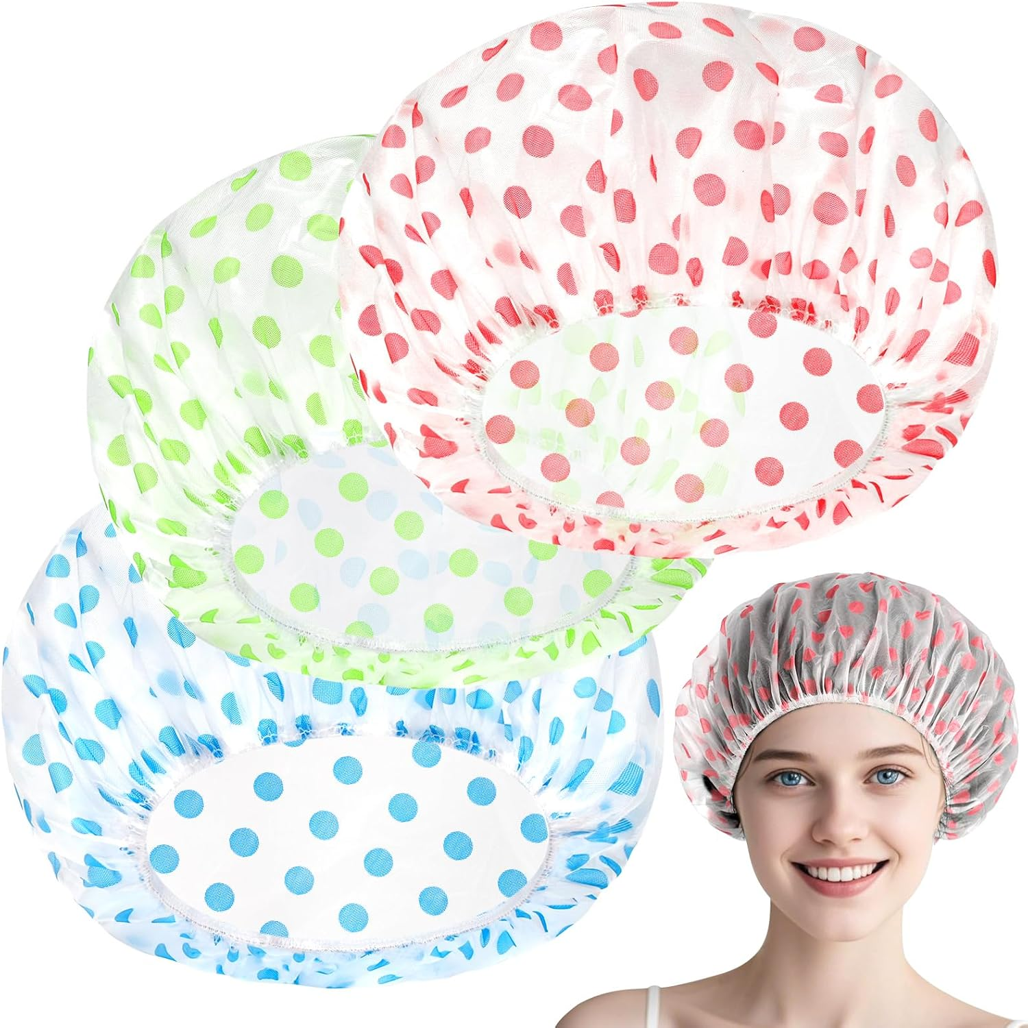 3 Pcs Shower Caps for Women Men,Waterproof Reusable Bath Cap,27Cm Width with Elastic Band, Large Plastic Long Hair Environmental Protection Hats for Ladies Girls Kids Spa Salon (Red+Blue+Yellow) image number 4