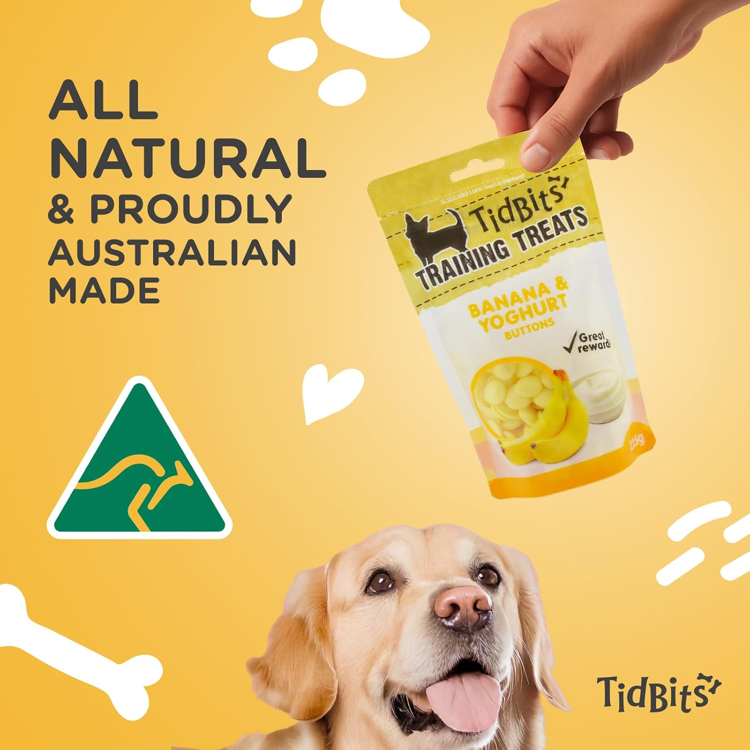 Tidbits Training Treats 225G, Banana & Yoghurt - Healthy Probiotic Boost, Protein & Calcium-Rich - Ideal for Training & Positive Reinforcement